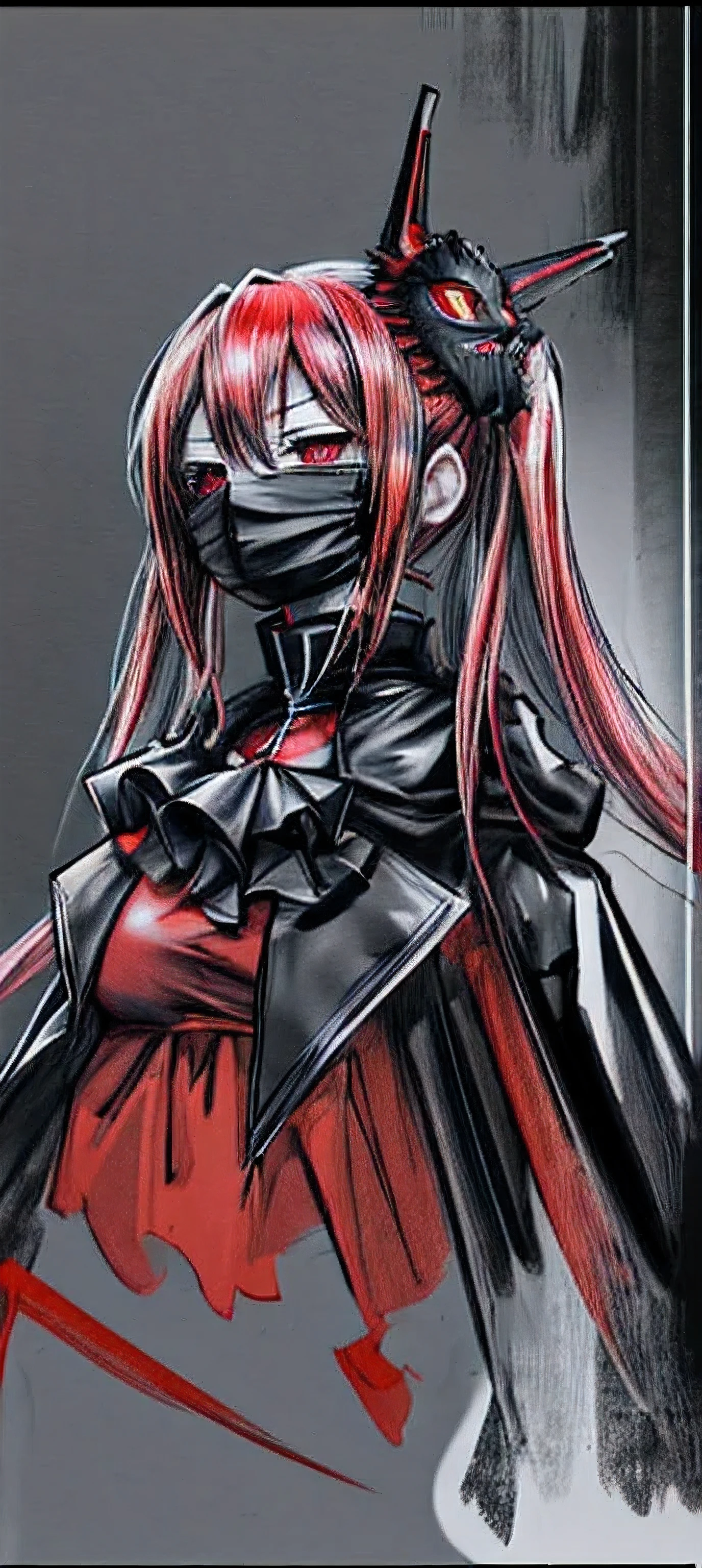 High definition , ultra detailed , draw an anime girl wearing a black mask and red clothes, full HD , masterpiece, solo , 1girl