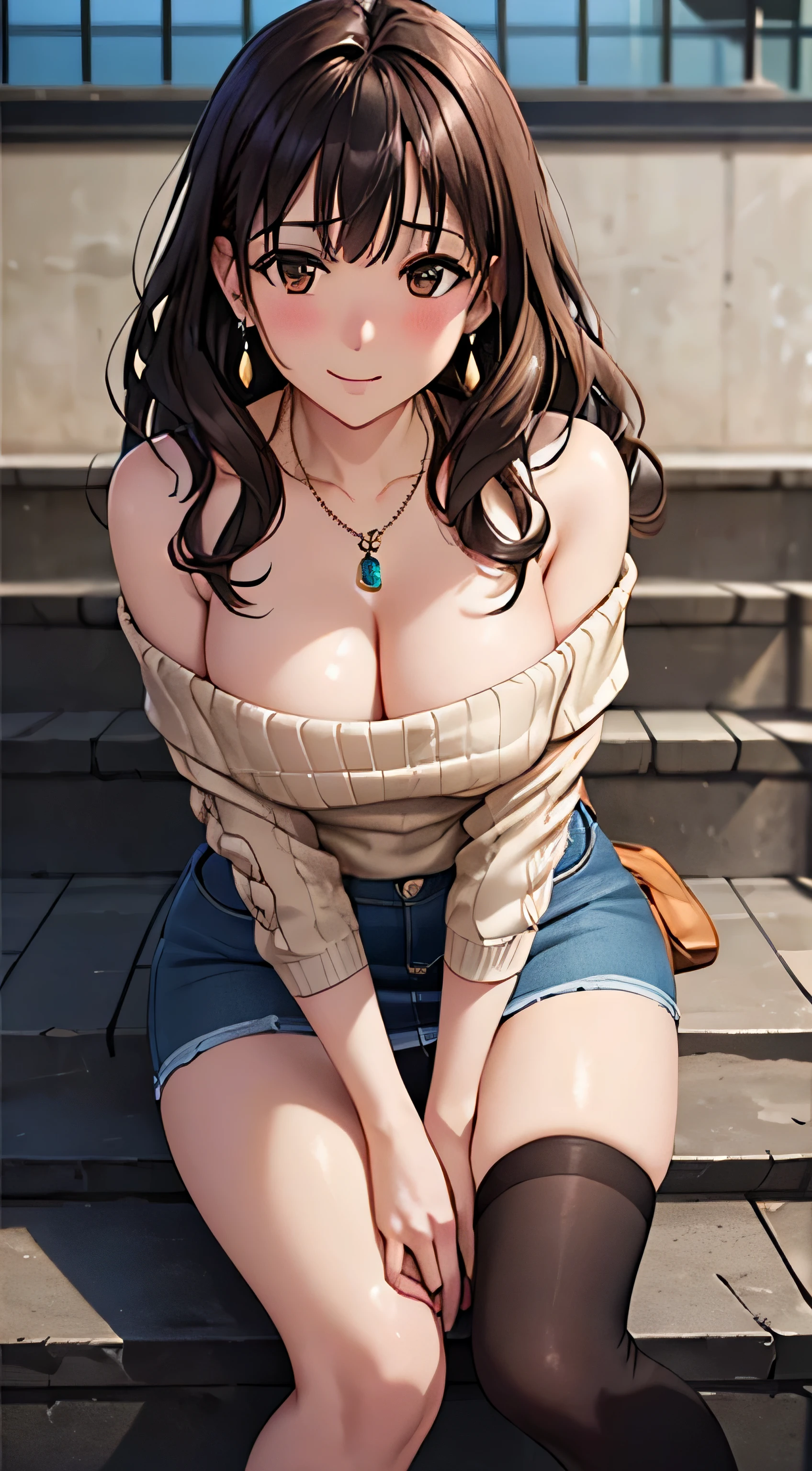 (table top, highest quality, High resolution, , perfect pixel, 4k,), 1 girl, single, alone, Beautiful woman、I could see the whole body、 ((wavy middle hair, bangs, brown hair)), ((brown eyes, beautiful eyelashes, realistic eyes)), ((detailed face, blush:1.2)), ((smooth texture:0.75, realistic texture:0.65, realistic:1.1, Anime CG style)), medium breasts, dynamic angle, perfect body, ((, beige off shoulder sweater、tight denim skirt、black stockings、cute necklace、earrings、)), upper grade、shy smile、sit on the stairs of university campus、angle from below、Bring your arms together to emphasize your chest、、pink lace panties are visible、