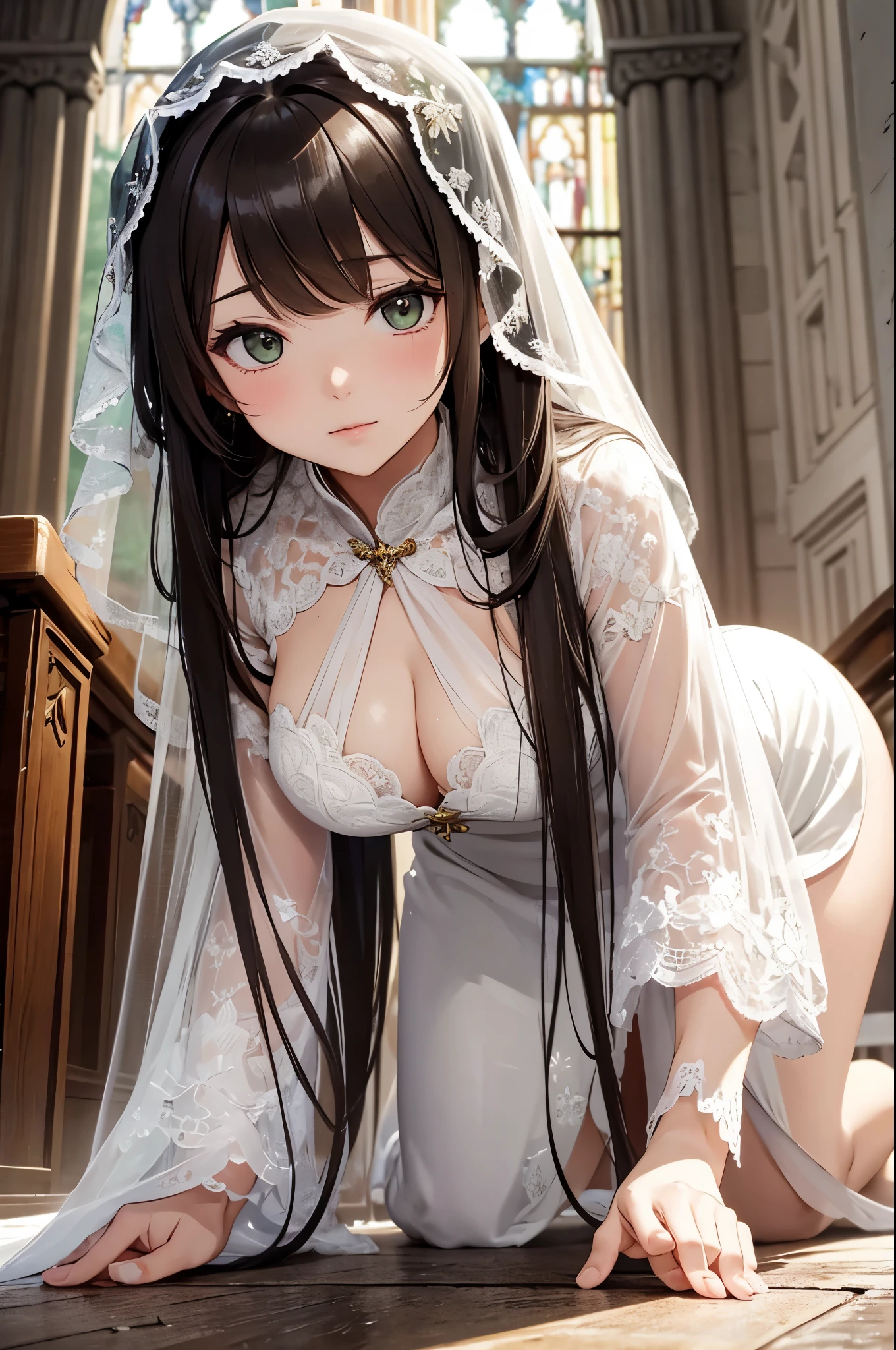 (High resolution), (Detail view), super detailed, masterpiece, (masterpiece, highest quality),(depth) of (field), Liliana, have,veil, 1女of子, length_hair, Brown_hair, white_Clothes, ornaments, length_sleeve, church, green_eye,big_chest, chestof谷間ぽっちゃり, Plump, 露出度of高いドレス, silver dress, on all fours, adult