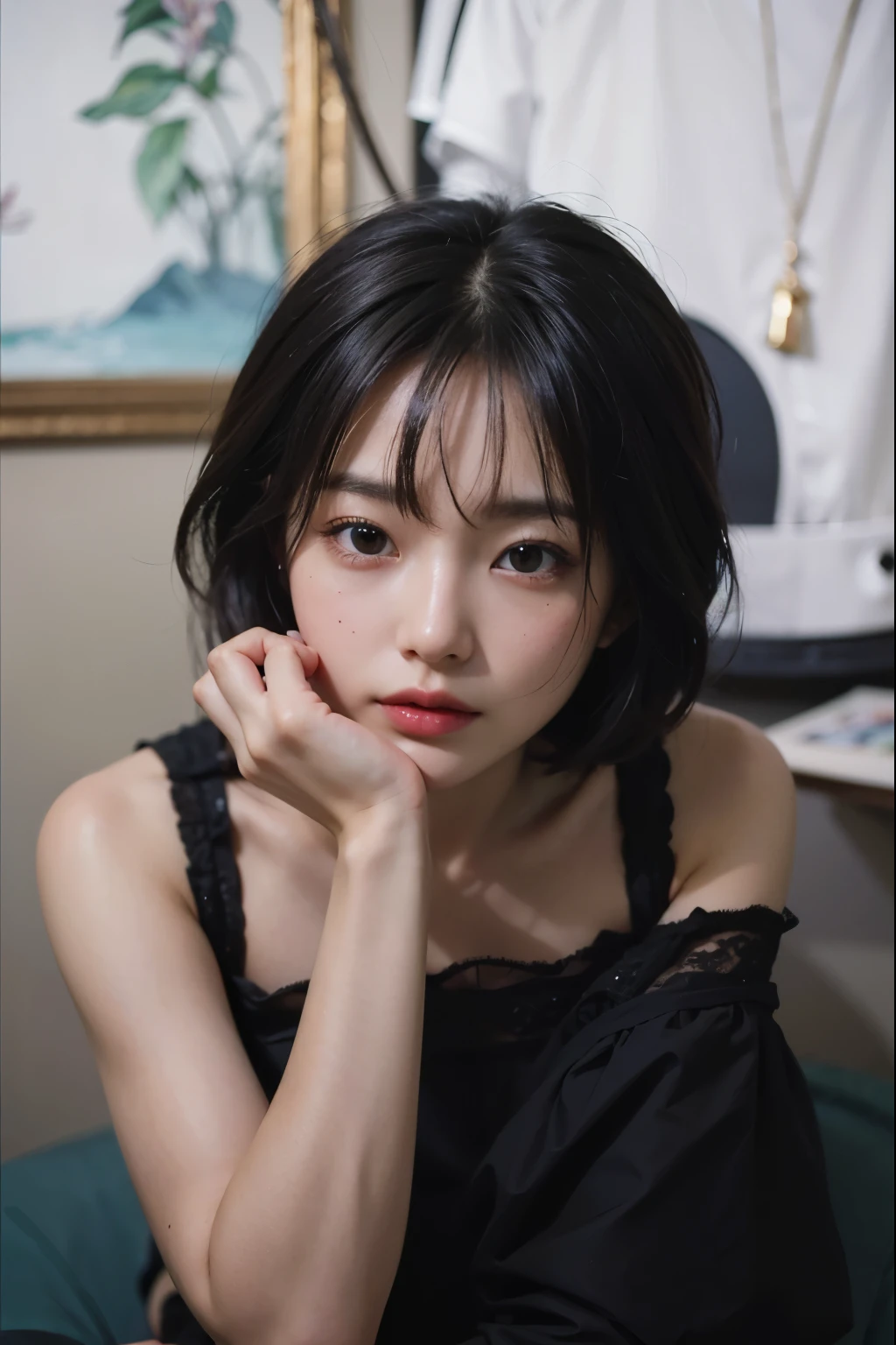 (Best quality, 8k, 32k, Masterpiece, UHD:1.2) "Generate a captivating artwork featuring a young Japanese girl model with short, sleek black hair styled in a chic bob haircut. Envision her bathed in dramatic cinematic lighting, creating an atmosphere of allure and mystery. Emphasize a romantic aesthetic vibe, showcasing the model in a poised and elegant pose that evokes a sense of intimacy and sophistication. Utilize warm and soft tones to enhance the romantic ambiance, and consider incorporating elements like flowing fabrics or flowers to add a touch of ethereal beauty. Capture the essence of romance and beauty through the model's expression, the play of light and shadows, and the overall aesthetic, creating a visually compelling and emotionally resonant piece." (perfect eyes), flawless skin, flawless face, cinematic, tight body, ((well-proportion female hands)), ((female hands with five digits)) ((Body is well proportioned)), ((chic bob haircut)), 