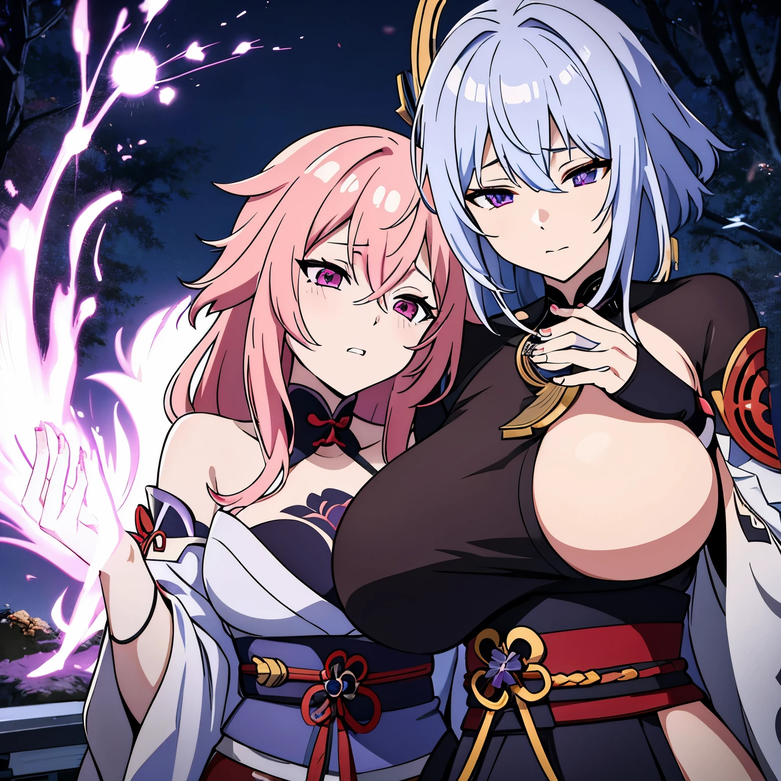 Genshin impact Raiden shogun and yae miko lesbian fingering their own pussy together
