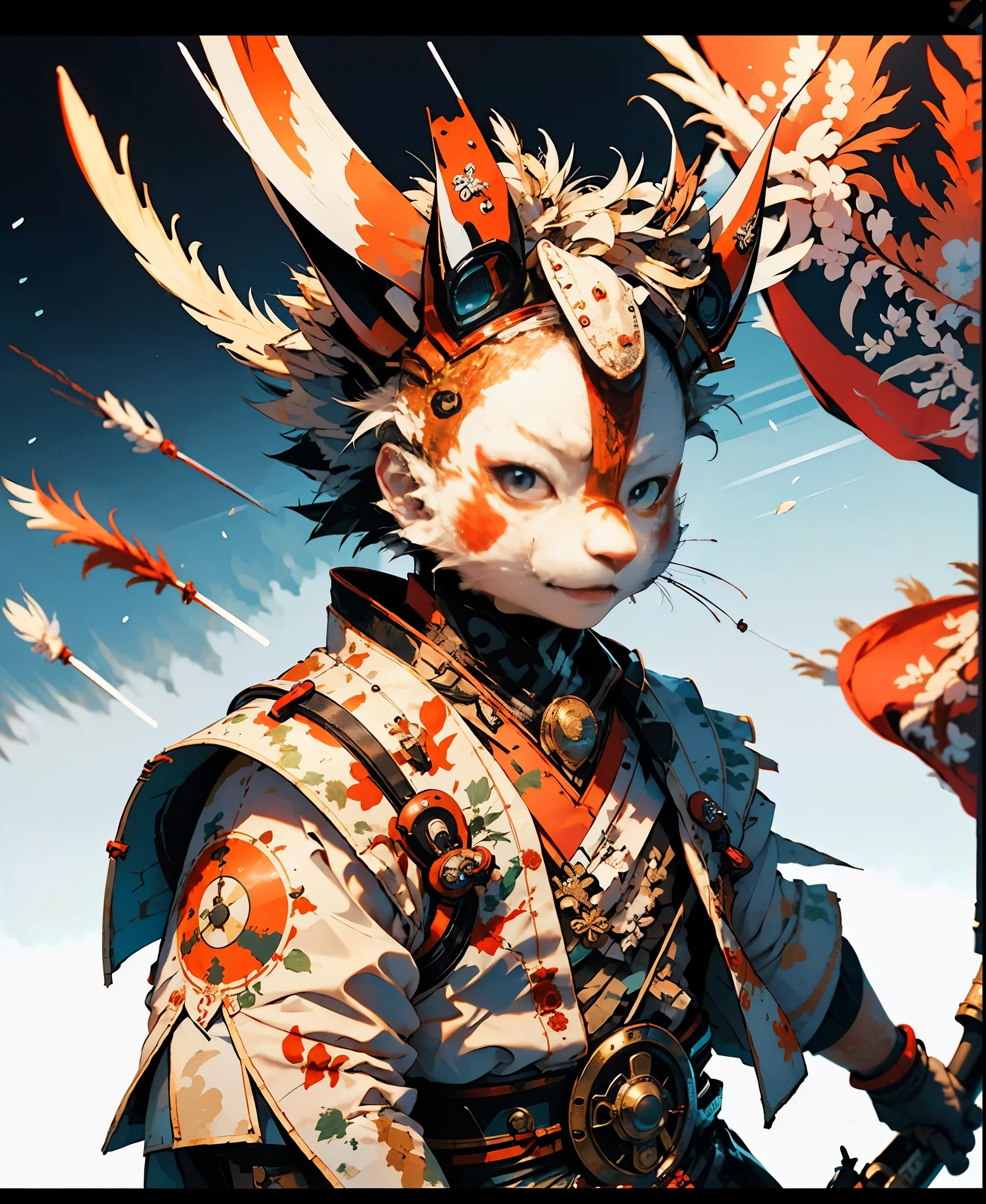 32K UHD QUALITY RESOLUTION, white rabbit, samurai warrior, highly detailed samurai battle armor and sashimono war flag, dynamic battle pose, blood splattered, cherry blossoms blowing in the wind, post apocalyptic feudal Japan background