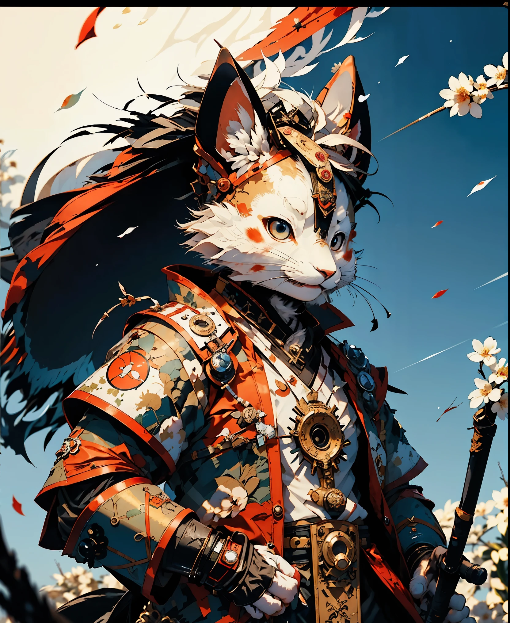 32K UHD QUALITY RESOLUTION, white rabbit, samurai warrior, highly detailed samurai battle armor and sashimono war flag, dynamic battle pose, blood splattered, cherry blossoms blowing in the wind, post apocalyptic feudal Japan background 