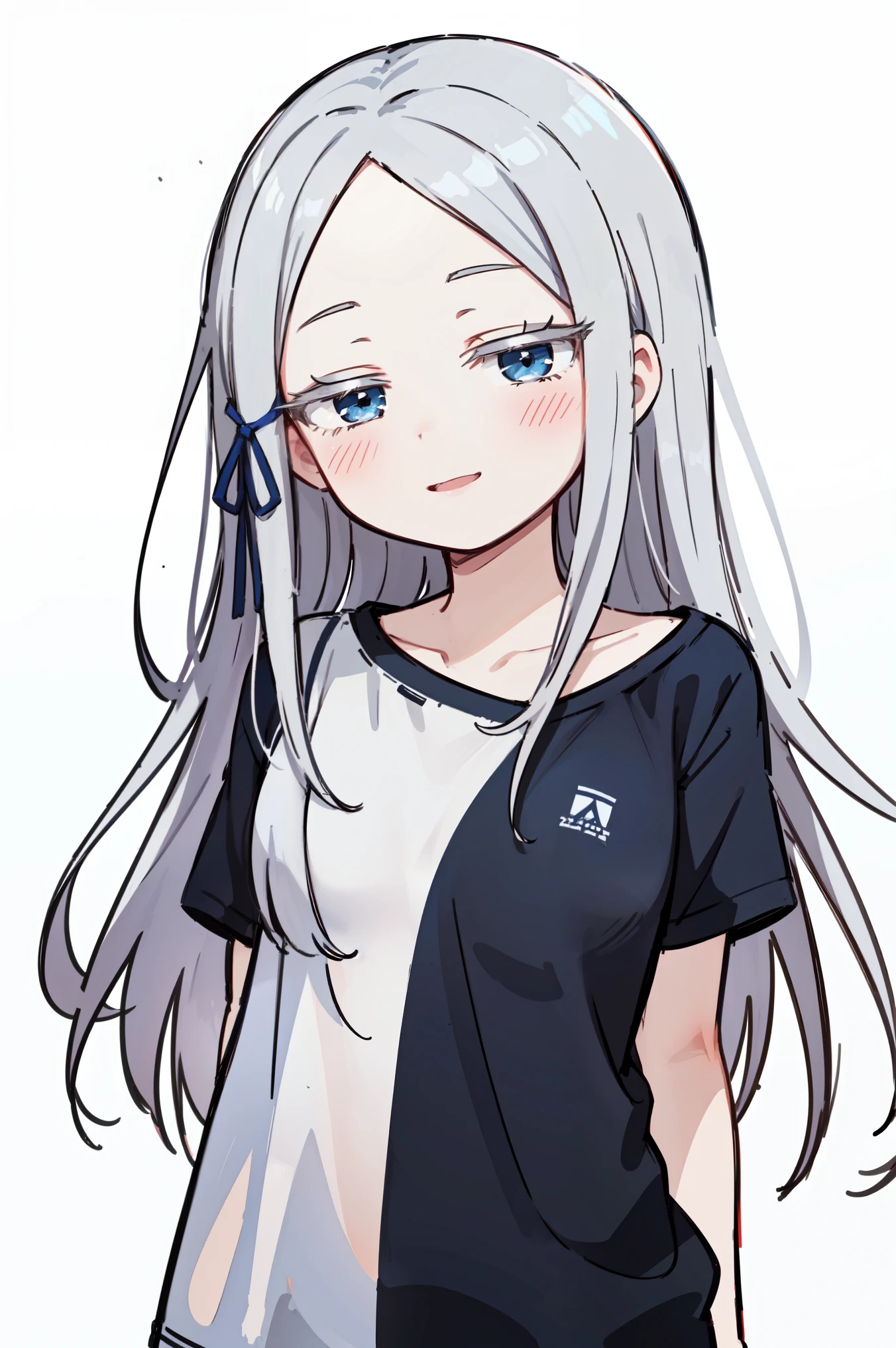 (masterpiece, best quality, ultra high quality, by quan, by mappa, sketch:1.1), ((portrait)), 1girl, solo, pandora, blue eyes, very long hair, grey hair, white hair, white eyelashes, forehead, blush, bangs, small breasts, , parted bangs, barefoot, cute smile, small smile, silly, (alternate costume:1.3), shirt, casual clothes, ((black shirt)), collarbone, short sleeves, t-shirt, off shoulder, oversized shirt, naked shirt, oversized clothes, see-through silhouette, see-through shirt, (arms behind back), upper body, standing,, isometric lightning, white background, simple background