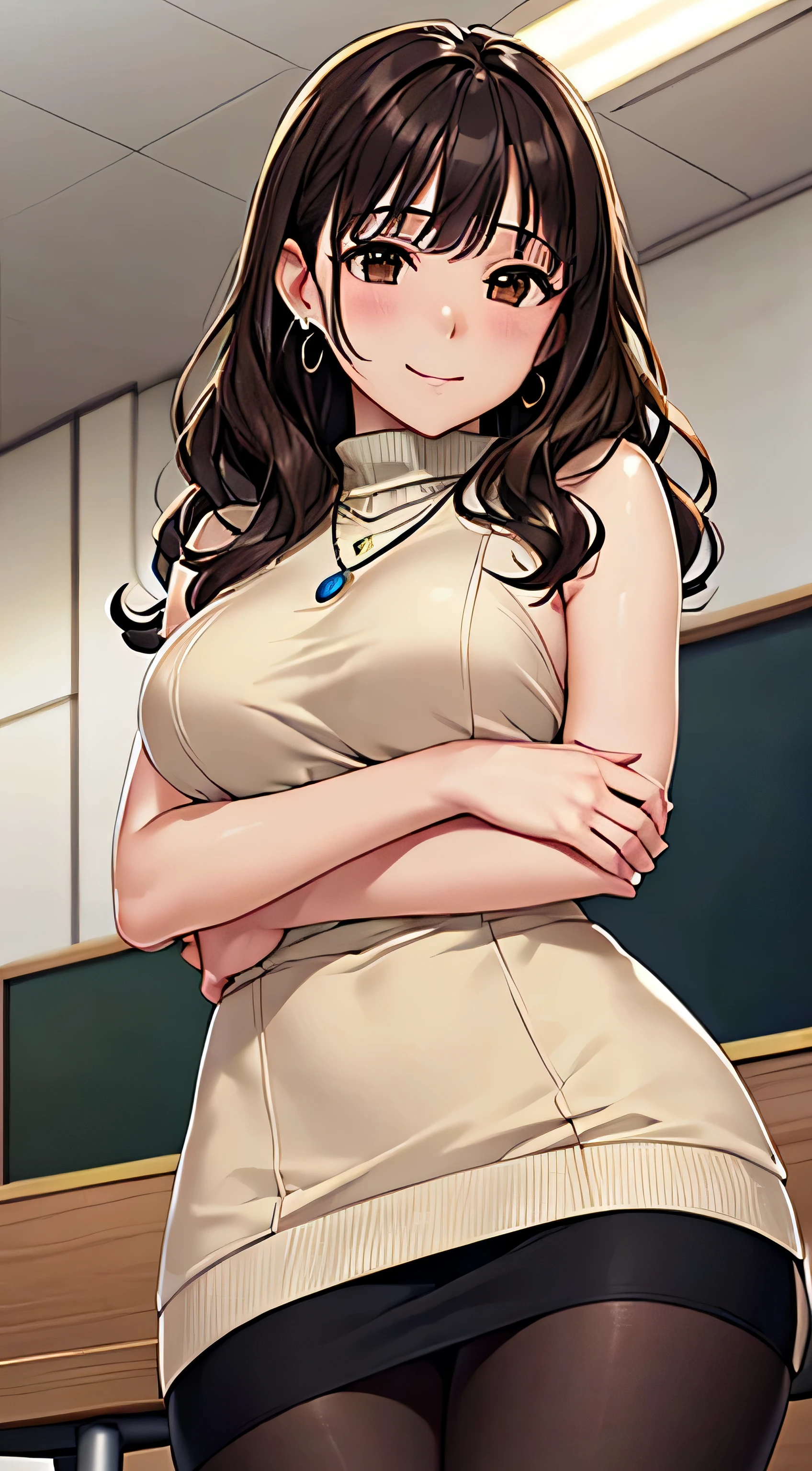 (table top, highest quality, High resolution, , perfect pixel, 4k,), 1 girl, single, alone, Beautiful woman、I could see the whole body、 ((wavy middle hair, bangs, brown hair)), ((brown eyes, beautiful eyelashes, realistic eyes)), ((detailed face, blush:1.2)), ((smooth texture:0.75, realistic texture:0.65, realistic:1.1, Anime CG style)), medium breasts, dynamic angle, perfect body, ((, female teacher, , earrings、necklace、white sleeveless turtleneck sweater、flare skirt、black knee high stockings、lean forward to emphasize the chest、shy smile、grab the skirt with both hands、)), upper grade、、、evening、stand on the podium、during the lecture、(、()、angle from below、I can see your pants)、