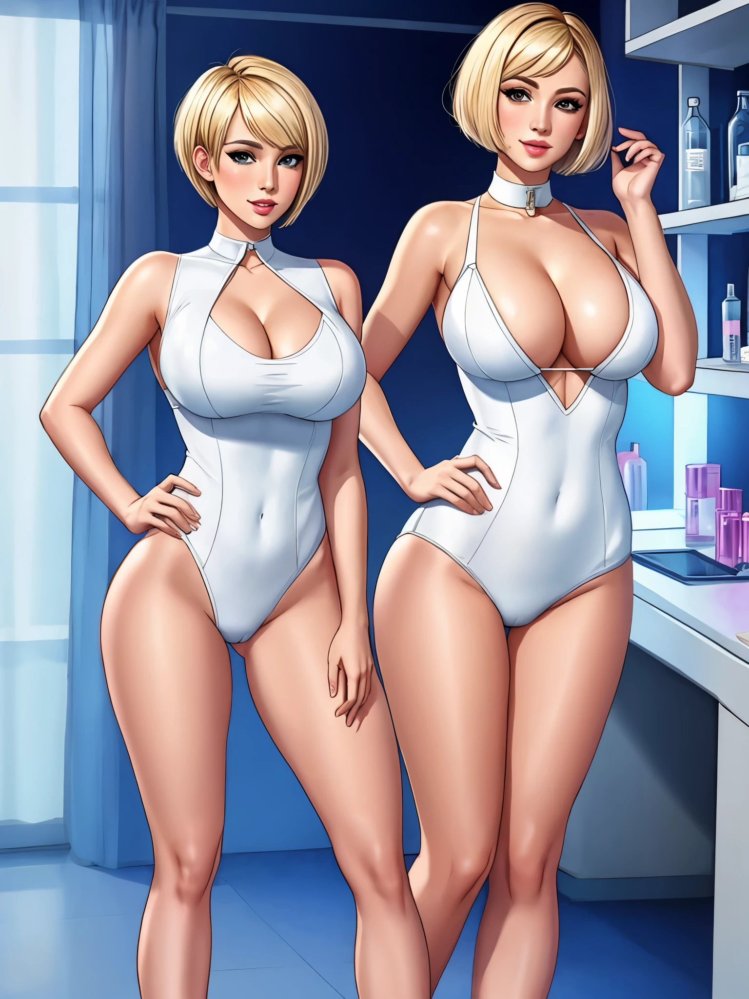 masterpiece, white leotard, full body shot, cleavage, gorgeous woman, clone, barcode, blonde, slave collar, tight clothes, pixiecut hair, short hair, bobcut hair, standing, medical lab