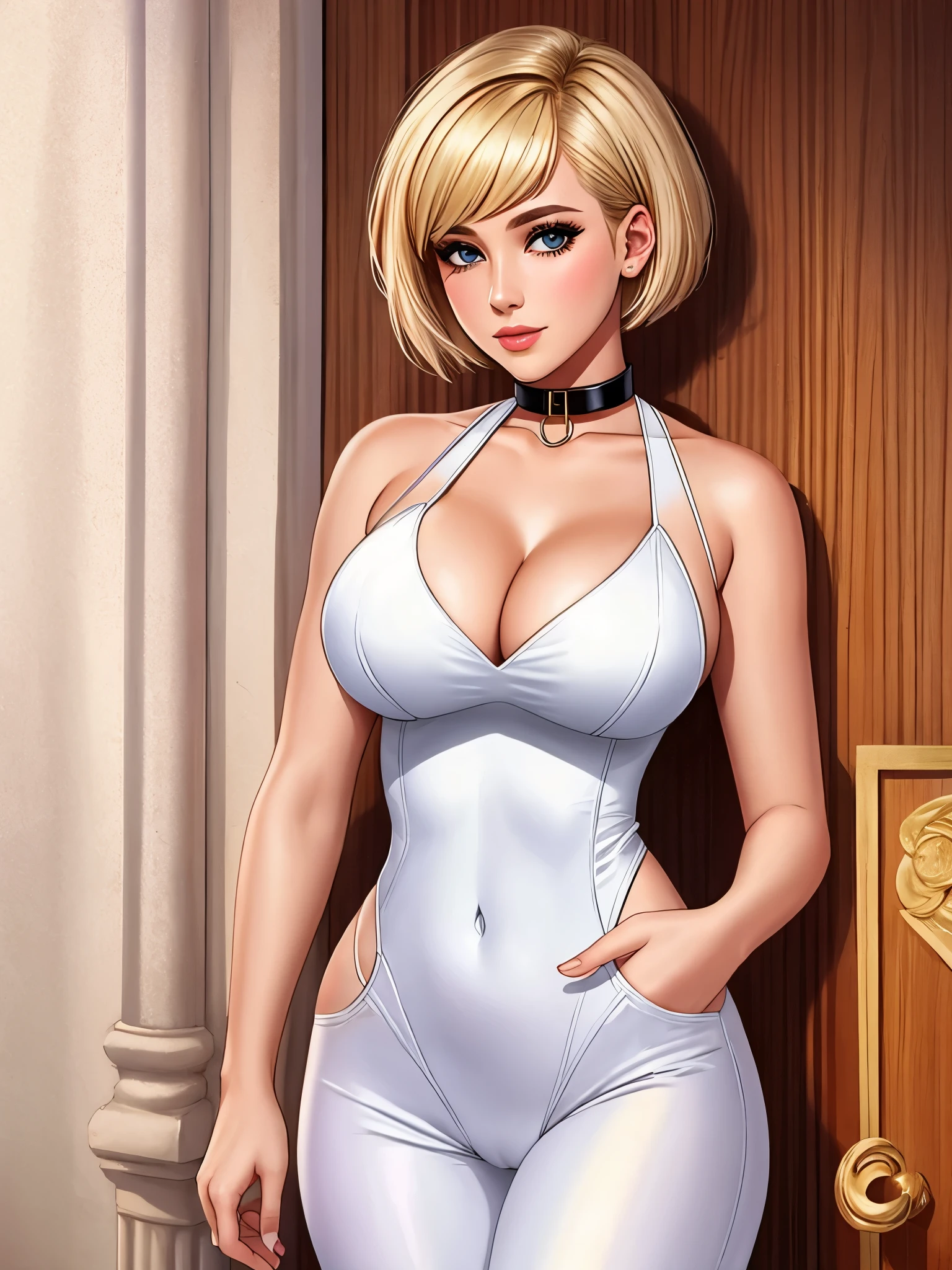masterpiece, white leotard, full body shot,  cleavage, gorgeous woman, clone, barcode, blonde, slave collar, tight clothes, pixiecut hair, short hair, bobcut hair