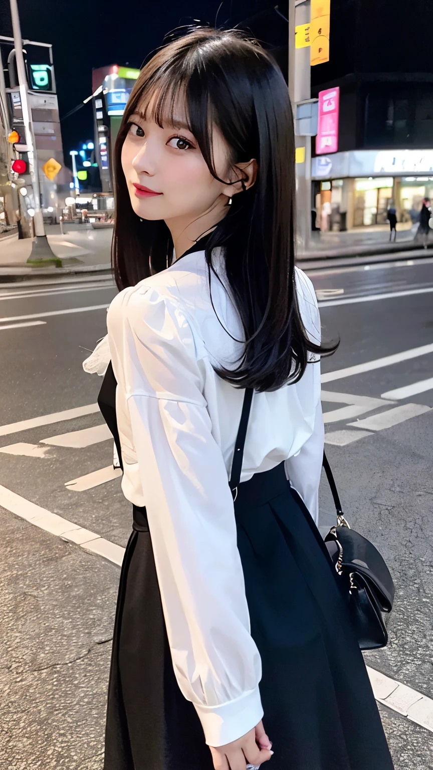 High-definition images、Highest image quality。Full body of young woman、 Cute jaw、black hair、back view、night time、cold night、on the way home from work、sabrina bag、white blouse、black skirt、pumps、engagement ring、Crowded station platform、Urban stations、Spirited、a chance reunion、Old lover、nostalgic time。