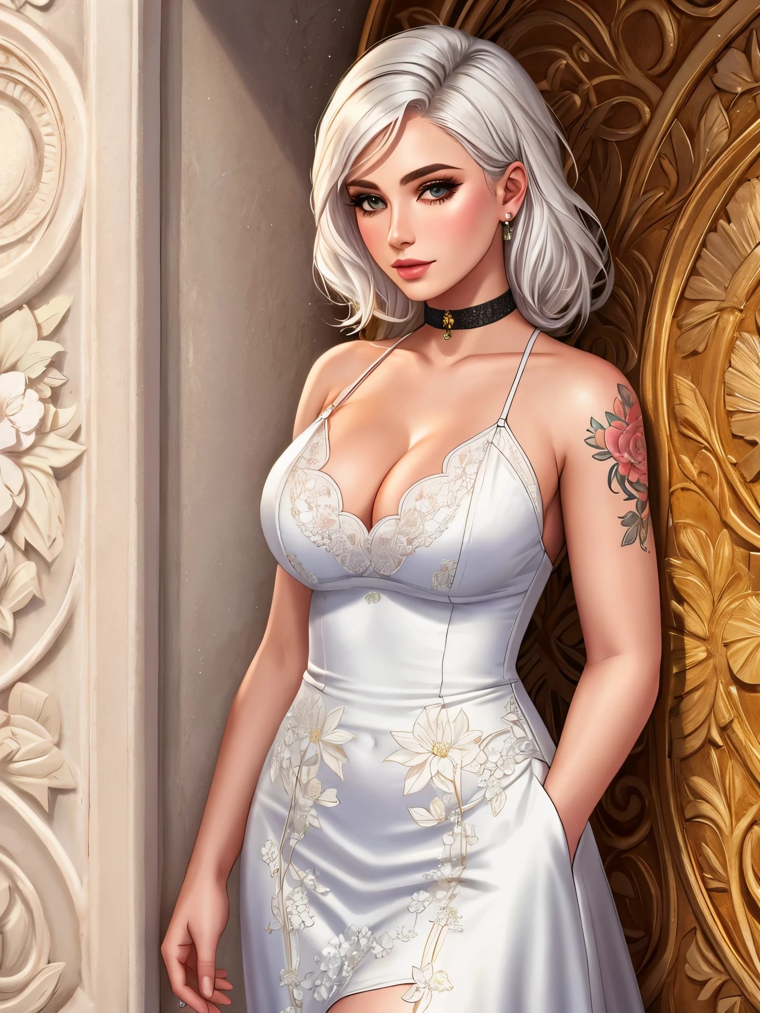 1girl, solo, white_hair, tattoos, grotto, verdant, flowers, beautiful, idyllic, sublime, absurdres, hyper-realism, textured, maximum_detail, dslr