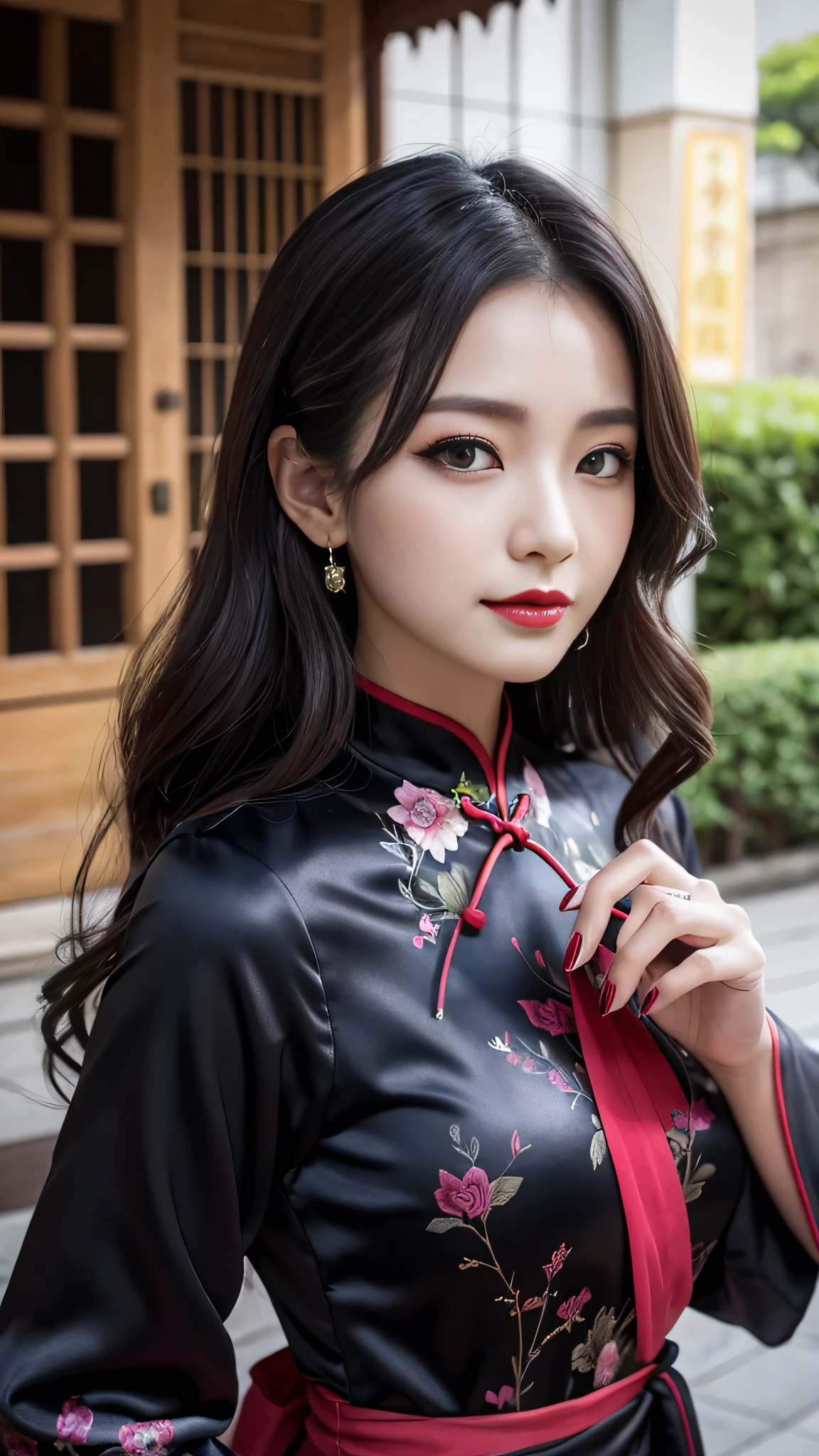 Super detailed、Japanese、charming beauty、seductive adult woman、Beautiful woman、sharp eyes、cool girl、wavy hair、long black cheongsam、wide sleeve、evilの幹部、evil depravity、brainwashing、Mind control、apply lipstick、grin、evilな表情、evil、empty eyes、evil、dilapidated building outdoors、vampire、Hypnosia makeup brush