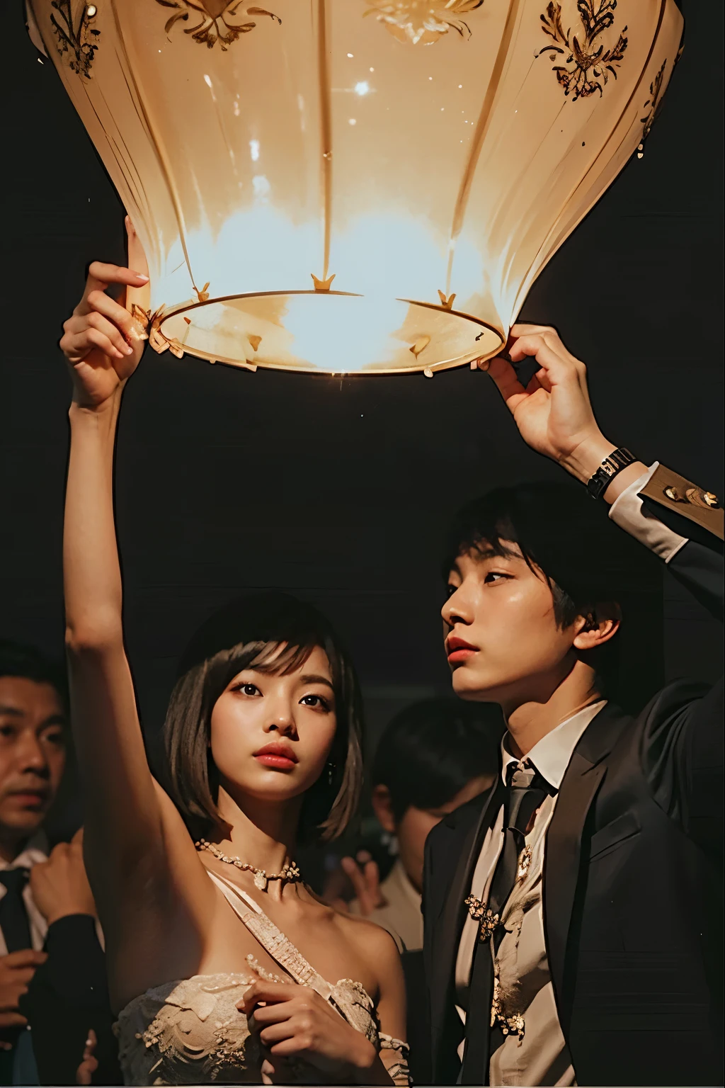 (Best quality, 8k, 32k, Masterpiece, UHD:1.2) "Generate a captivating artwork featuring a young Japanese girl model with short, sleek black hair styled in a chic bob haircut. Envision her bathed in dramatic cinematic lighting, creating an atmosphere of allure and mystery. Emphasize a romantic aesthetic vibe, showcasing the model in a poised and elegant pose that evokes a sense of intimacy and sophistication. Utilize warm and soft tones to enhance the romantic ambiance, and consider incorporating elements like flowing fabrics or flowers to add a touch of ethereal beauty. Capture the essence of romance and beauty through the model's expression, the play of light and shadows, and the overall aesthetic, creating a visually compelling and emotionally resonant piece." (perfect eyes), flawless skin, flawless face, cinematic, tight body, ((well-proportion female hands)), ((female hands with five digits)) ((Body is well proportioned)), ((chic bob haircut)), lantern