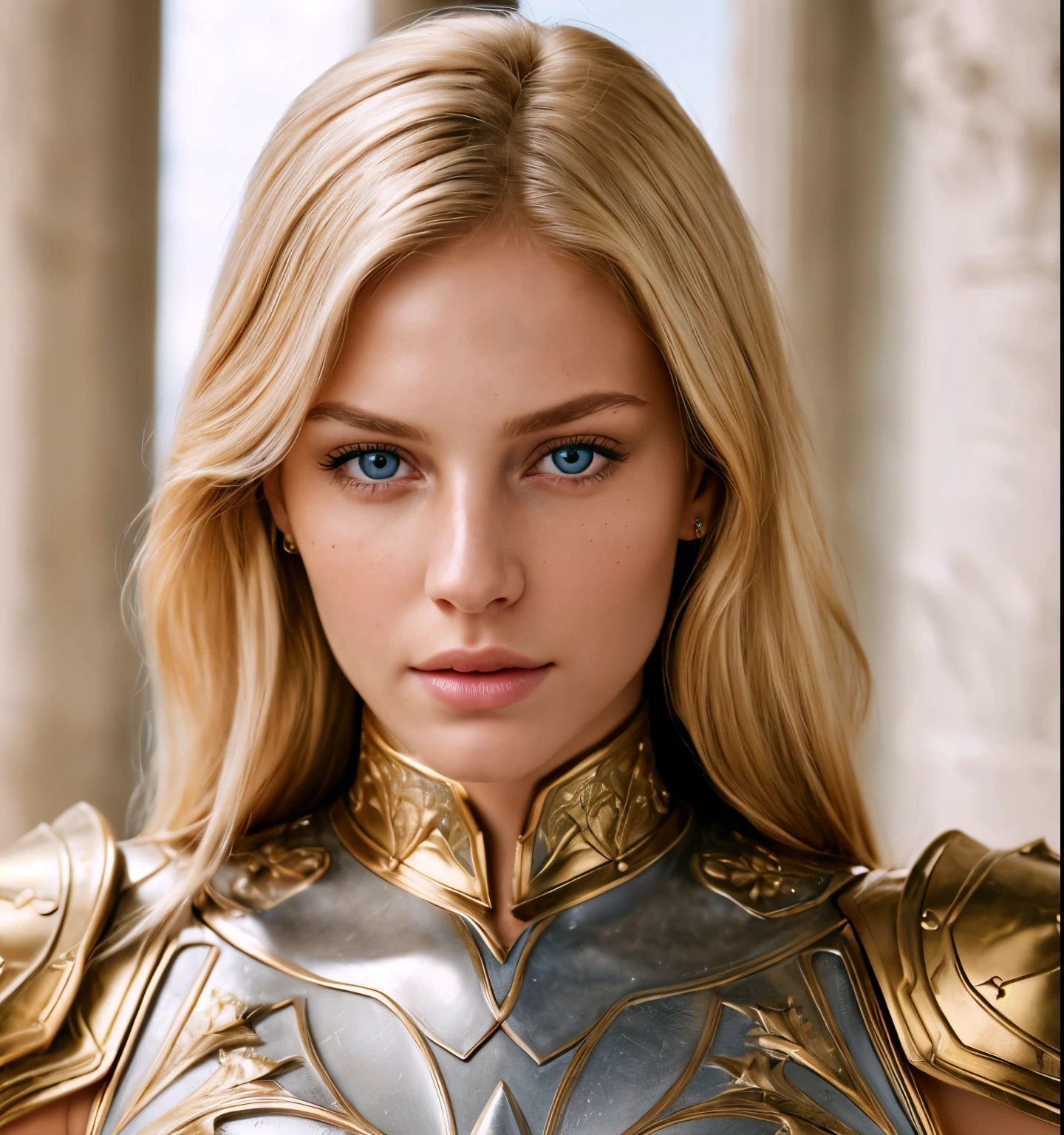 angel, armor gold (masterpiece, best quality, high resolution:1.4), 1girl, angel, skin pores texture, Hair blonde, HD , Photography, movie, cinematic, full Body, Realistic, (8k, RAW photo, best quality, masterpiece:1.2), (realistic, photo-realistic:1.33), best quality, detailed eyes blue, cute,natural lighting, depth of field, film grain, wrinkled skin, sharp, detailed and realistic portrait of a woman and her  ,(freckles:0.5), 