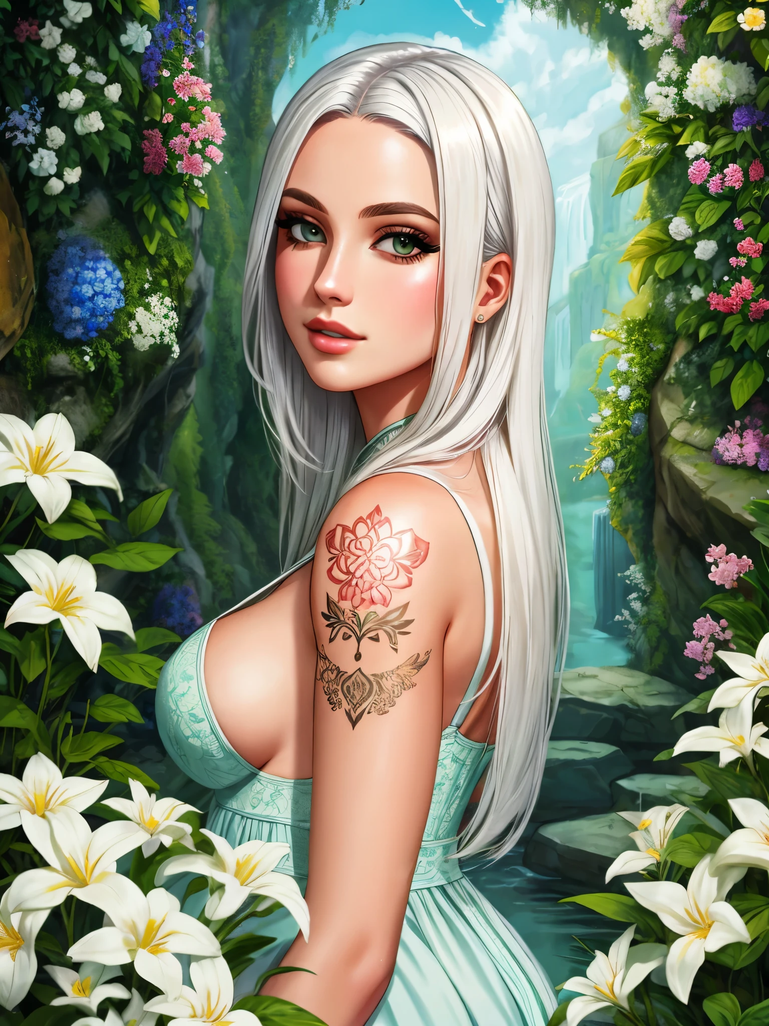 1girl, solo, white_hair, tattoos, grotto, verdant, flowers, beautiful, idyllic, sublime, absurdres, hyper-realism, textured, maximum_detail, dslr
