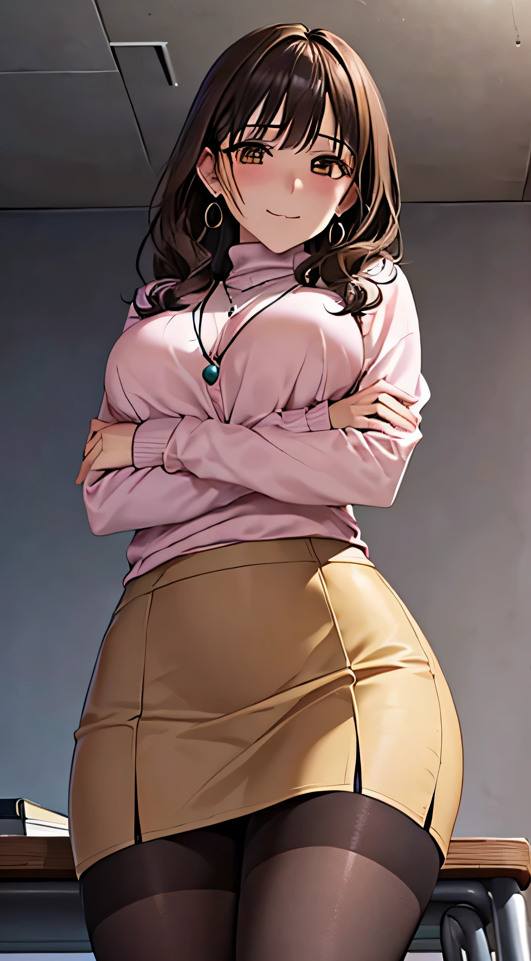 (table top, highest quality, High resolution, , perfect pixel, 4k,), 1 girl, single, alone, Beautiful woman、I could see the whole body、 ((Wavy mid-hair, bangs, brown hair)), ((brown eyes, beautiful eyelashes, realistic eyes)), ((detailed face, blush:1.2)), ((smooth texture:0.75, realistic texture:0.65, realistic:1.1, Anime CG style)), soft chest, dynamic angle, perfect body, ((, female teacher, , earrings、necklace、turtleneck sweater、Dark blue flared skirt、black knee high stockings、胸の谷間にnecklaceを挟む、、shy smile)), Upper 、stand on the podium、during the lecture、、evening、、You can see pink lace panties、(、(、Close your chest with both arms)、angle from below)、