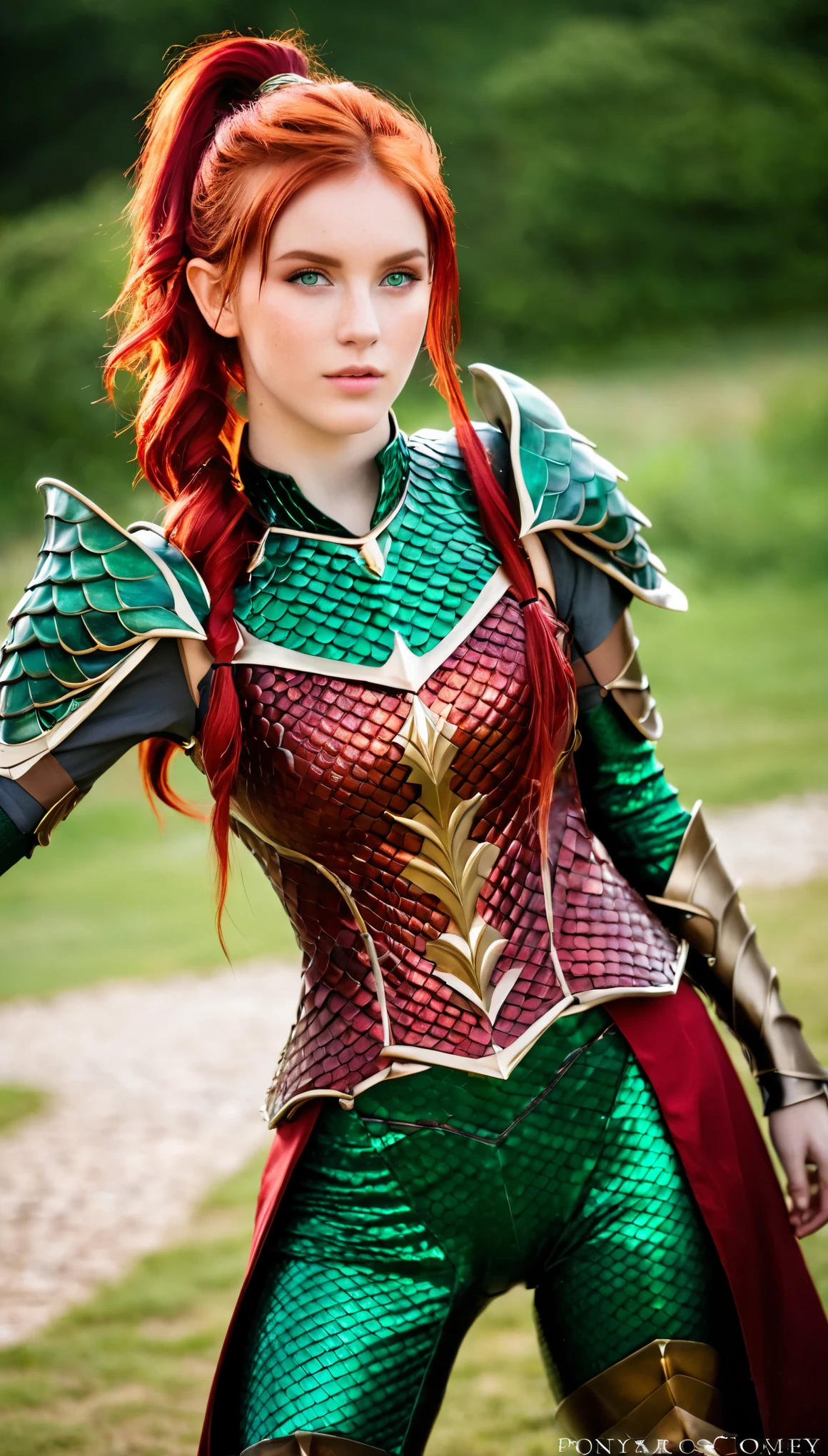 ((best quality)), ((detailed)),(masterpiece), ((cute perfect face, young 18 years old girl, skinny legs, skinny thighs, skinny waist:1.1)), ((red hair), (freckles:0.9), green eyes, ponytail red hair), shyvana, dragon lady, dragon scale armor ,helmer made from dragon scale, cosplay