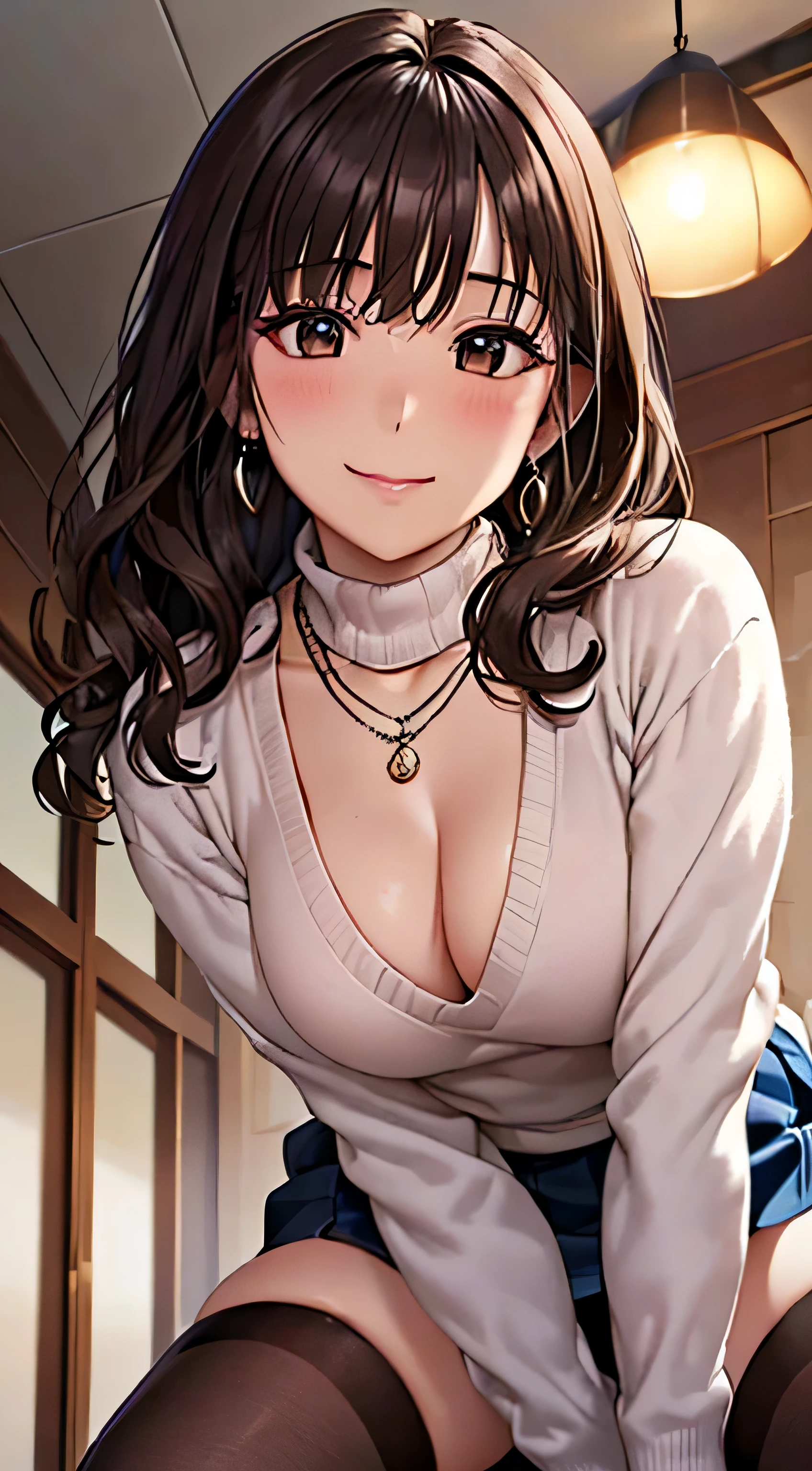 (table top, highest quality, High resolution, , perfect pixel, 4k,), 1 girl, single, alone, Beautiful woman、I could see the whole body、 ((Wavy mid-hair, bangs, brown hair)), ((brown eyes, beautiful eyelashes, realistic eyes)), ((detailed face, blush:1.2)), ((smooth texture:0.75, realistic texture:0.65, realistic:1.1, Anime CG style)), soft big, dynamic angle, perfect body, ((, female teacher, , earrings、necklace、turtleneck sweater、Dark blue flared skirt、black knee high stockings、胸の谷間にnecklace、、shy smile)), Upper grade、Lecture at the podium、、evening、、You can see pink lace panties、(、(、Close your chest with both arms)、angle from below)、