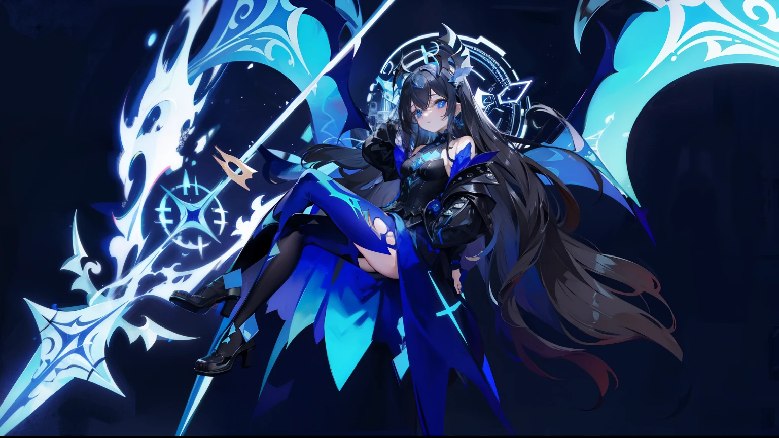 demon, girl, wings, long hair, black and blue dress, halo, blue eyes
