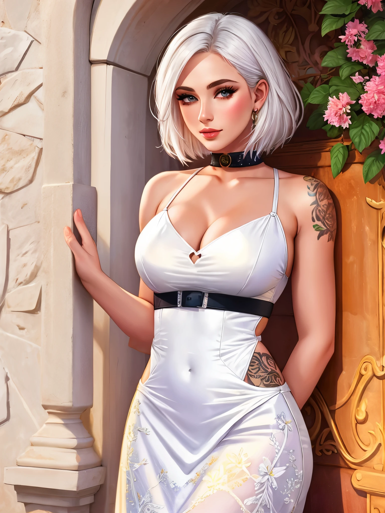 1girl, solo, white_hair, tattoos, grotto, verdant, flowers, beautiful, idyllic, sublime, absurdres, hyper-realism, textured, maximum_detail, dslr