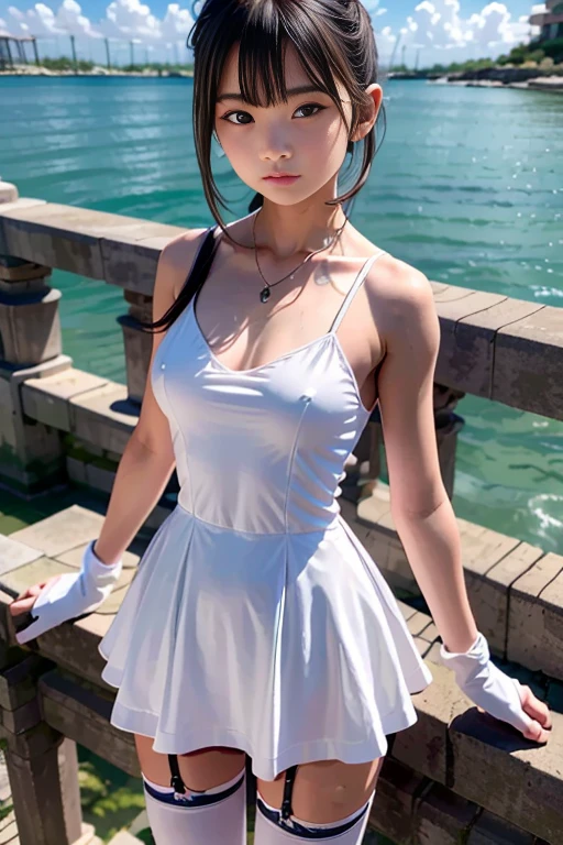 ((highest quality)), ((masterpiece)), ((1 girl)), alone, ferry, ((long hair)), ferryBase, ((Thighhighs)), bare shoulders, ((jewelry)), ((No sleeve)), white dress, blue skirt, ((gloves)), thigh height, from the front.