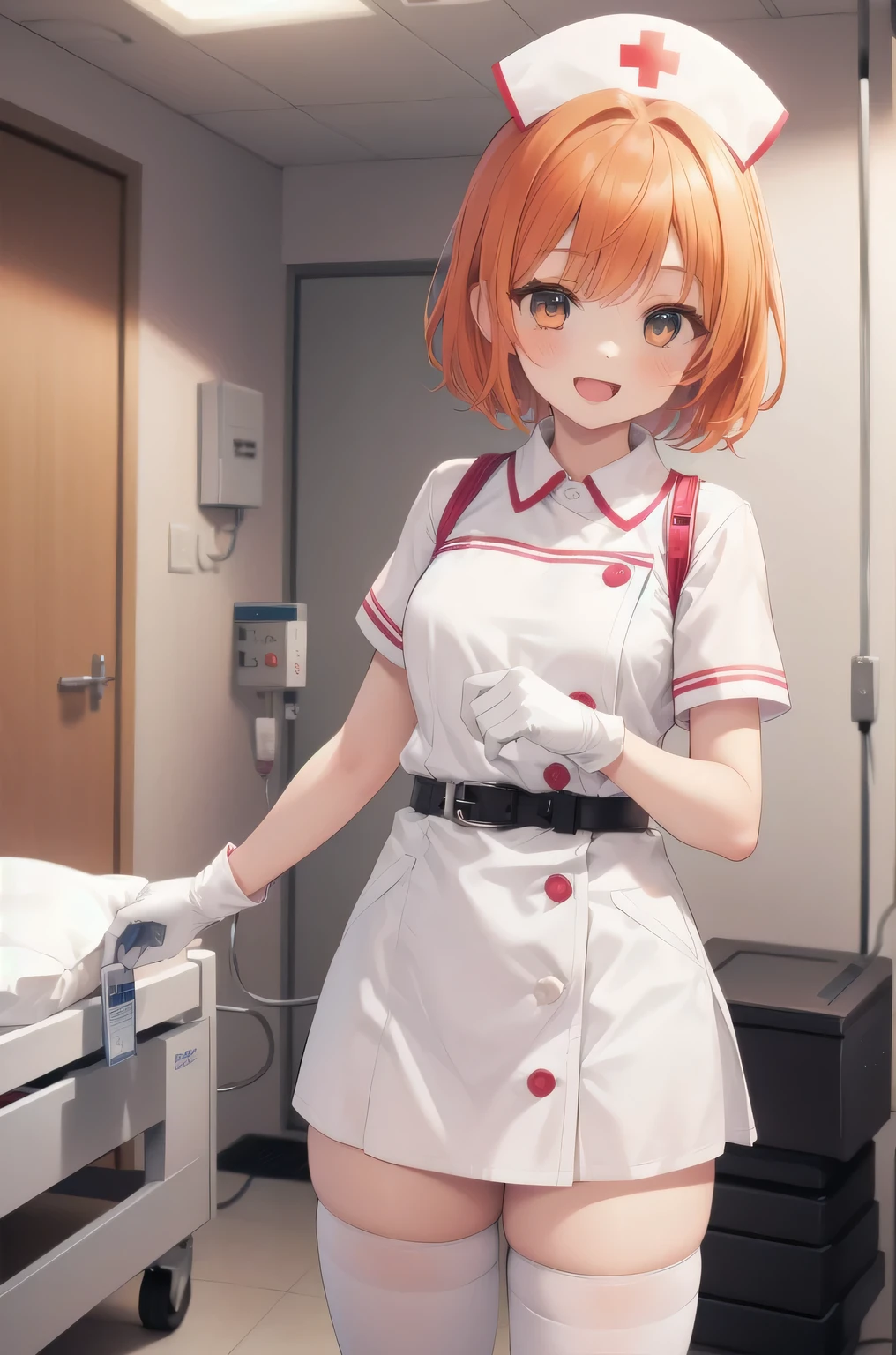1girl, solo, nurse, nurse cap, white nurse uniform, ((white legwear, zettai ryouiki)), white gloves, very short hair, orange hair, smile, open mouth, standing, ((hospital room)), sharp outline, short sleeves, tomboy, boyish, best quality, masterpiece