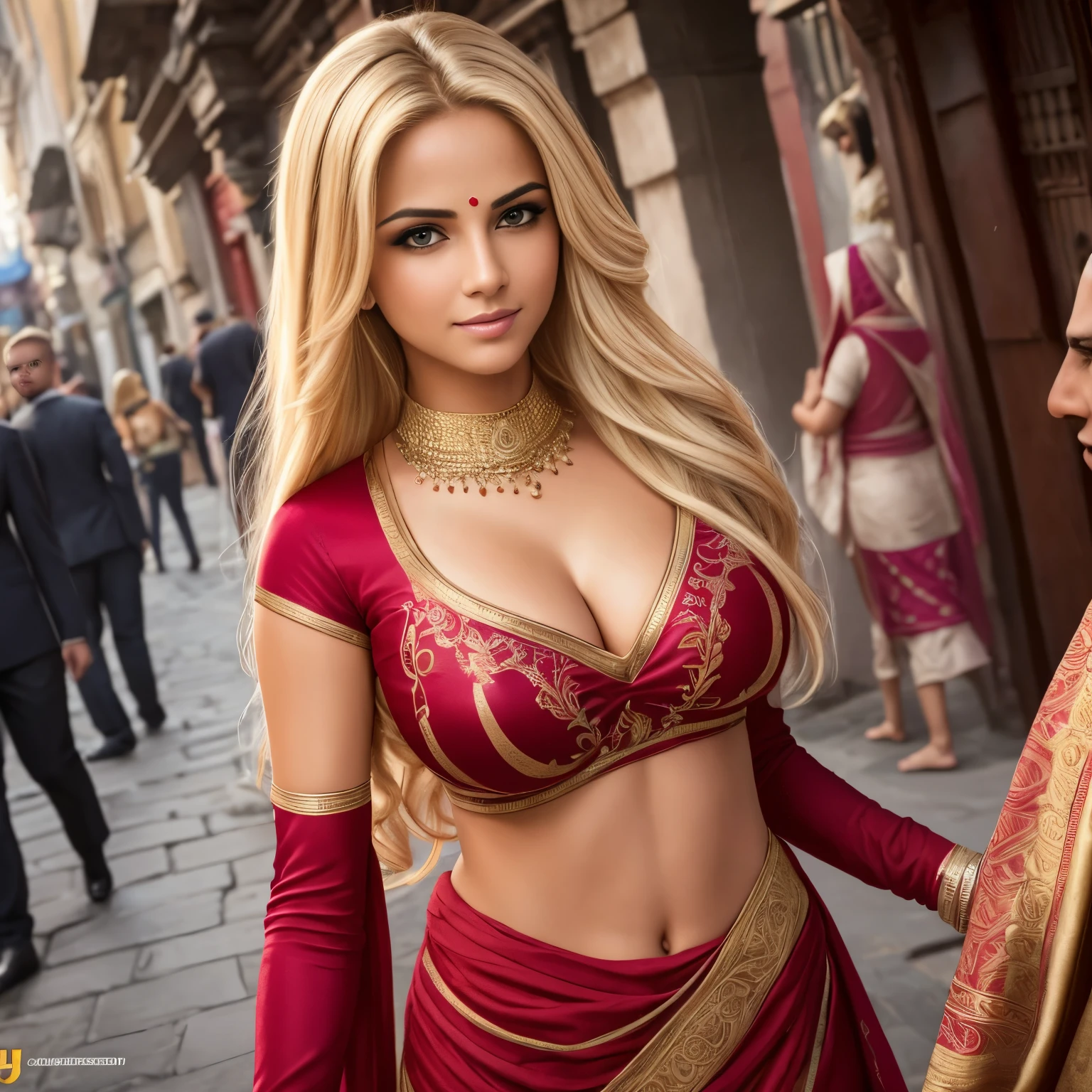 (masterpiece, profesional photo), (8k, high resolution), women, European, (blonde hair (dark blonde)), young, sexy curve, beautiful face, ultra detail eyes, (close mouth:1.2), big breast, hand on breast, indian salwar suit , sexy boops, gang bang, open top,sexy goddess, cute, temple street, infront of people, inside build, high quality image,