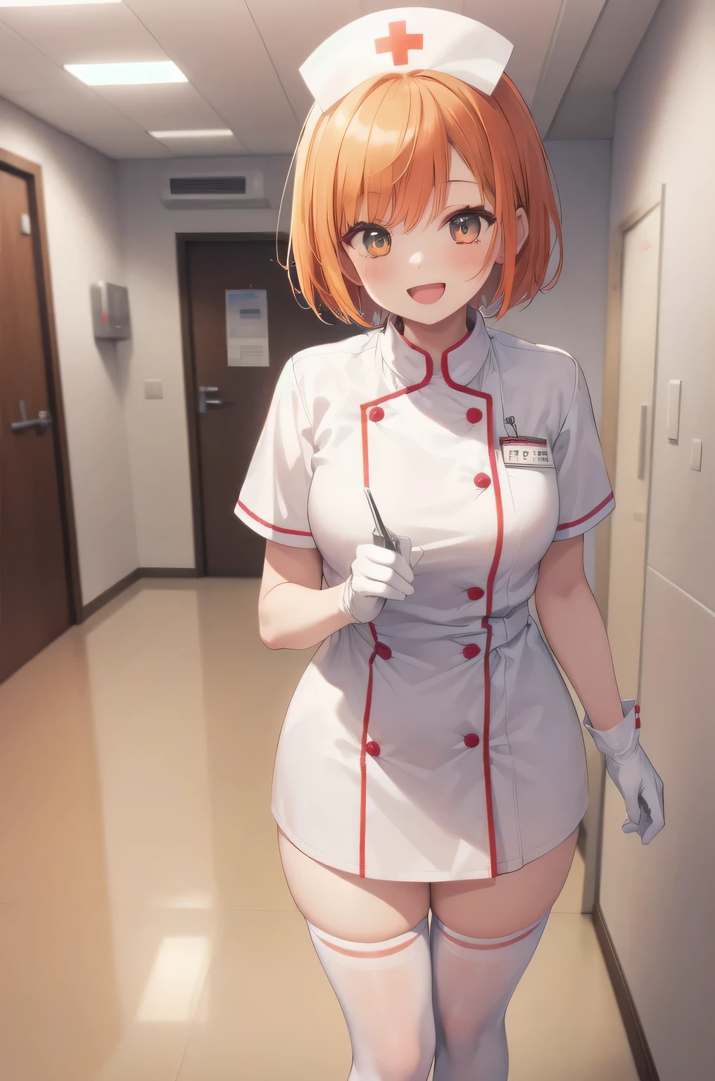 1girl, solo, nurse, nurse cap, white nurse uniform, ((white legwear, zettai ryouiki)), white gloves, very short hair, orange hair, smile, open mouth, standing, ((hospital room)), sharp outline, short sleeves, tomboy, boyish, best quality, masterpiece
