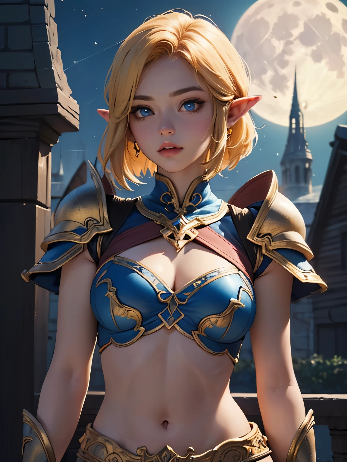 (((Best Quality))), ((Ultra-detailed)), (extremely detailed photo), ((extremely delicate and beautiful)),(Cute delicate face), ((masterpiece)), perfect anatomy, intricate, (highly detailed), masterpiece, photorealistic,A 17 years old dignified girl,(blue and black sexy armor), (upper body),(Background of Hyrule Castle),((Crimson full moon night)),(holding Link's Master Sword),tall girl,(gold hair and blue eyes),alone,short hair, double eyelid,delicate skin,slender body shape