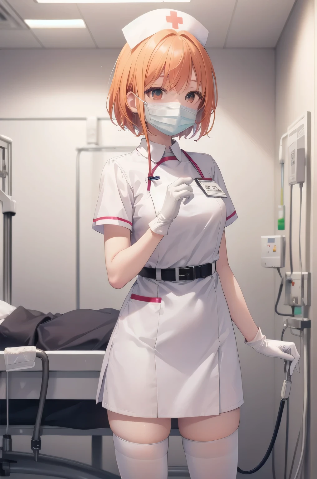 1girl, solo, nurse, nurse cap, white nurse uniform, ((white legwear, zettai ryouiki)), white gloves, very short hair, orange hair, ((white surgical mask, covered nose)), standing, ((hospital room)), sharp outline, short sleeves, tomboy, boyish, best quality, masterpiece