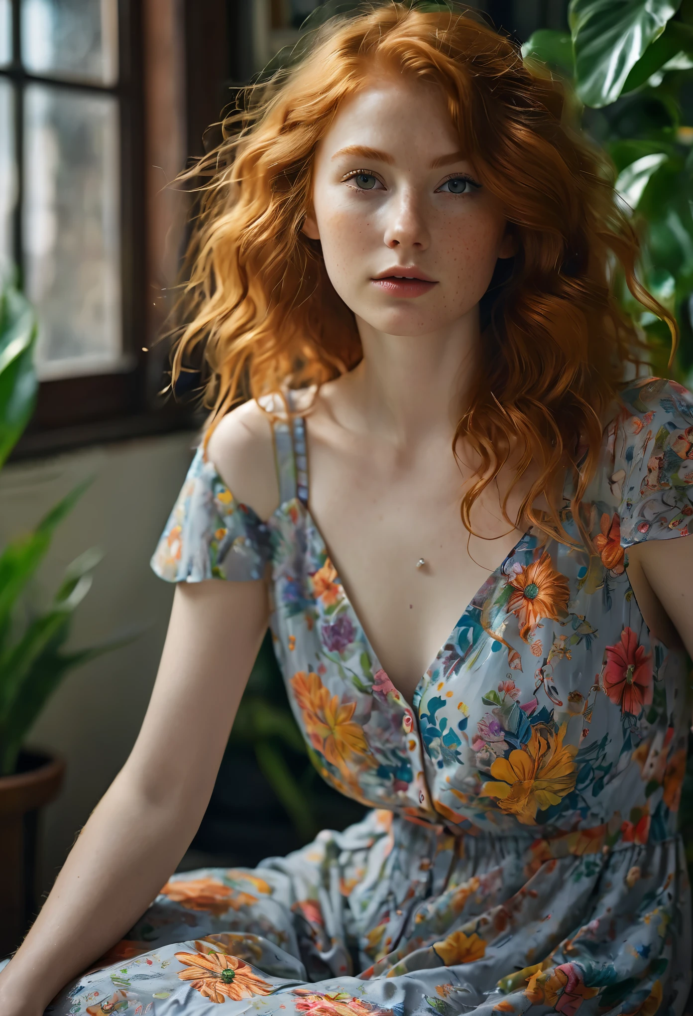 1 girl, age 24, lifting up her colorful floral pattern sundress, complex details, hyperdetailed, aesthetic artwork, irish redhead, wavy ginger hair, shoulder length hair, grey eyes, some small freckles, pale skin, (textured skin, skin pores:0.7), (moles:0.5), imperfect skin, goosebumps, sitting down with open legs, (extremely detailed 8k wallpaper), soft lighting, high quality, film grain, Fujifilm XT3 sharp focus, f 5.6, 50mm, High Detail, Sharp focus, (natural light)