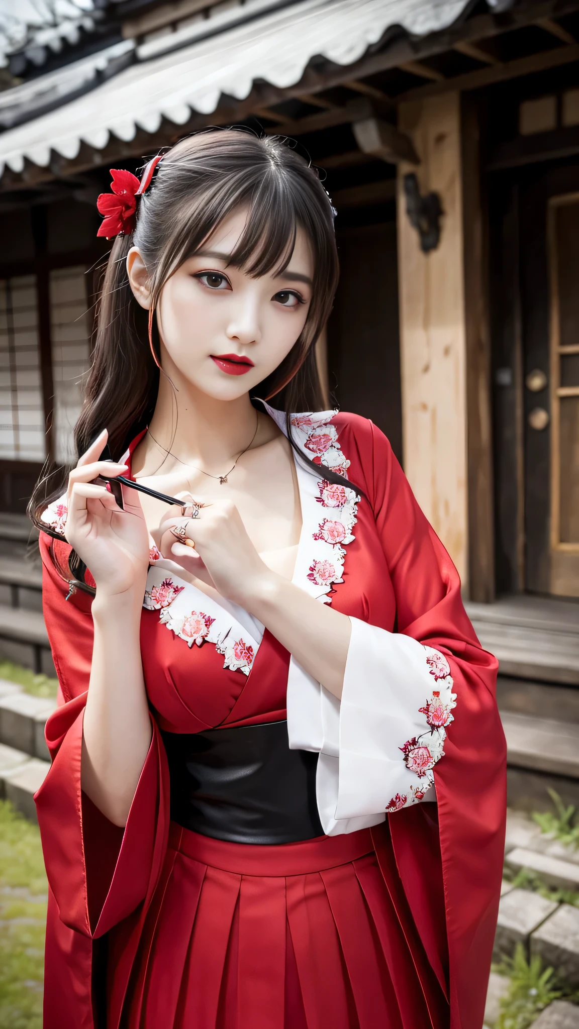 Super detailed、Japanese、charming beauty、seductive adult woman、Beautiful woman、sharp eyes、cool girl、wavy hair、shrine maiden costume、red skirt、wide sleeve、evilの幹部、evil depravity、brainwashing、Mind control、apply lipstick、grin、evilな表情、evil、empty eyes、evil、dilapidated building outdoors、vampire、vampire、Hypnosis、brainwashinging、makeup brush