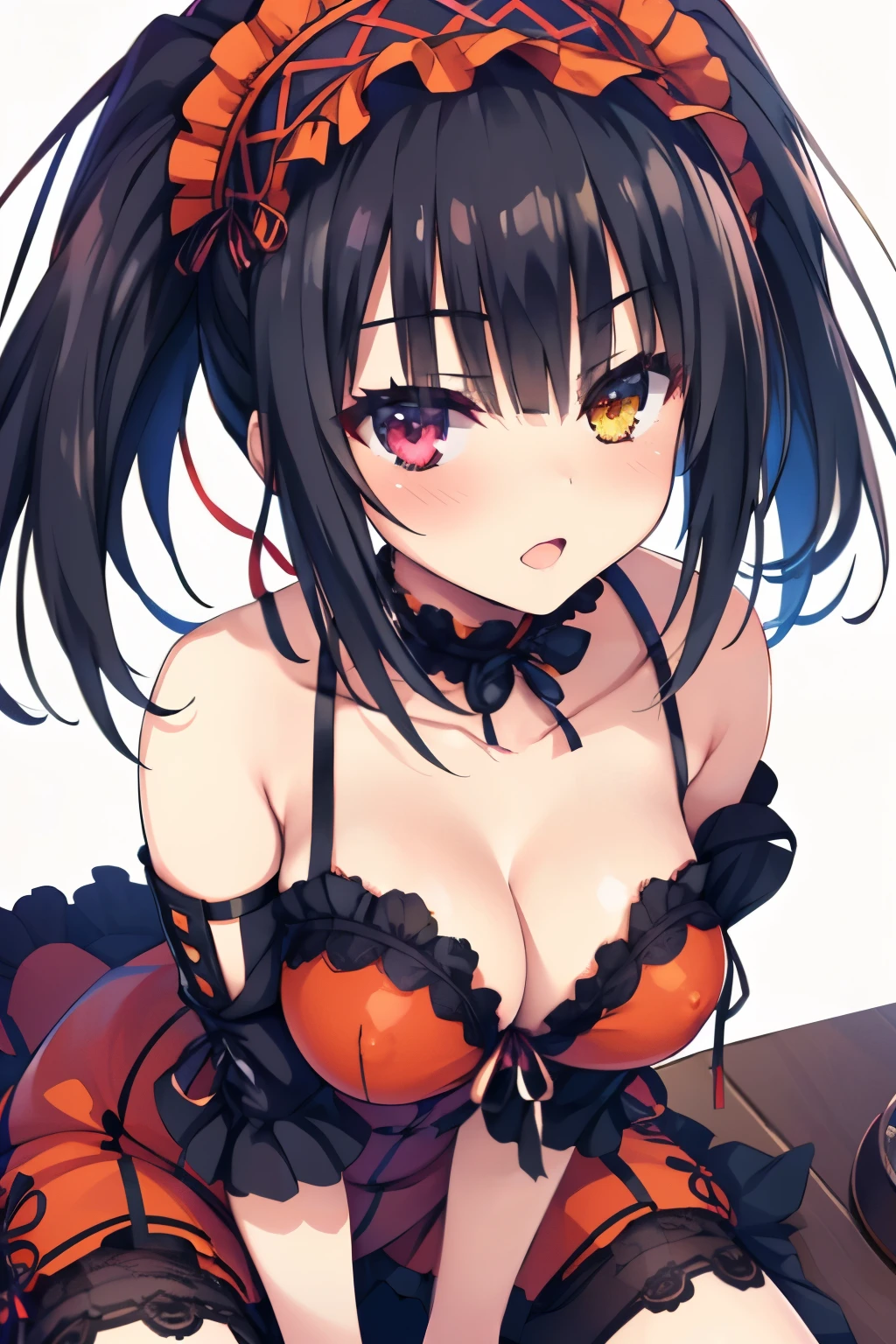 NSFW,((1 female、1 male,have sex)),riding on top of a naked man,Ahegao,vaginal penis,KurumiBase, (clock eyes), heterochromia, twintails, hairband, red dress, frills, detached sleeves, frilled choker,white background,best image quality,highest quality