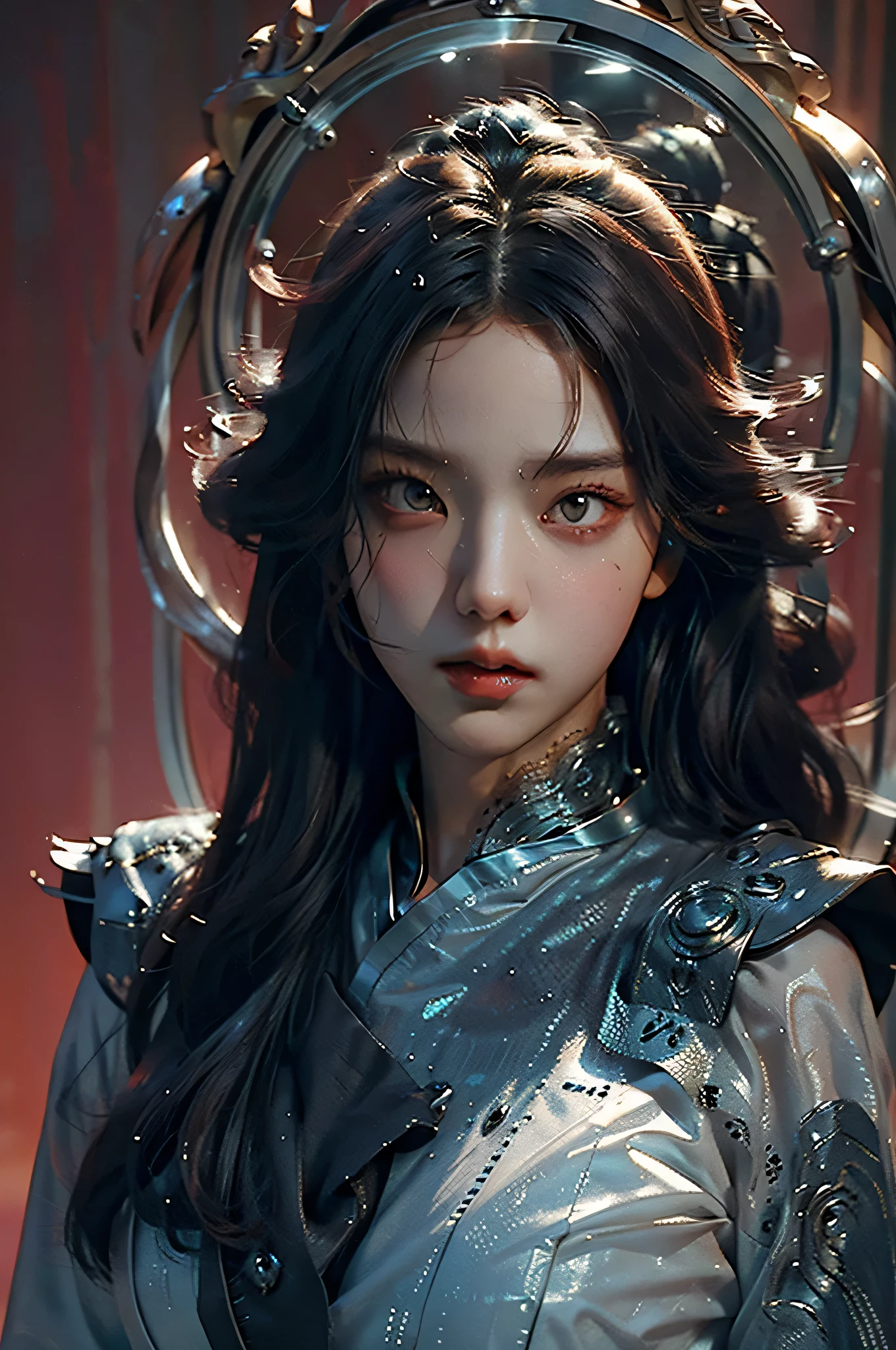 {{master piece}}, pinnacle rendering, realistic rendering, dark red rendering, metal rendering, {{color ink painting}}}, {{splash ink}}}, {{color}}, {{color}}, gorgeous rendering, best quality, illustration, flame, smoke, doomsday world, splash ink fire sea doomsday, full body, 1 girl, exquisite facial details, delicate facial features, fair face, beautiful detail eyes, deep pupils, broken city details, beautiful details long hair, Wave of Hair, Broken Detail Street, Transparent Mechanical Core, Cyborg Girl, Detail, Cool, Tight Fit, Lace Finish, Line Light Costume Finish, Light Rendering, Reflection, Highlight, Holy Light, Confidence, Glamour, Battle Stance Details Close-up, Fire Day, {Filigree}, Colored Background, A Dragon Stands Behind the Girl, Sea of Fire, {Tornado Special Effects}, Beautiful Details, (Cold Face, Confident) Great Depth, Depth of Field, 360°Panorama screen, fierce and grand battle scenes, broken mirrors, fingers all hidden and not displayed, small mouth closed