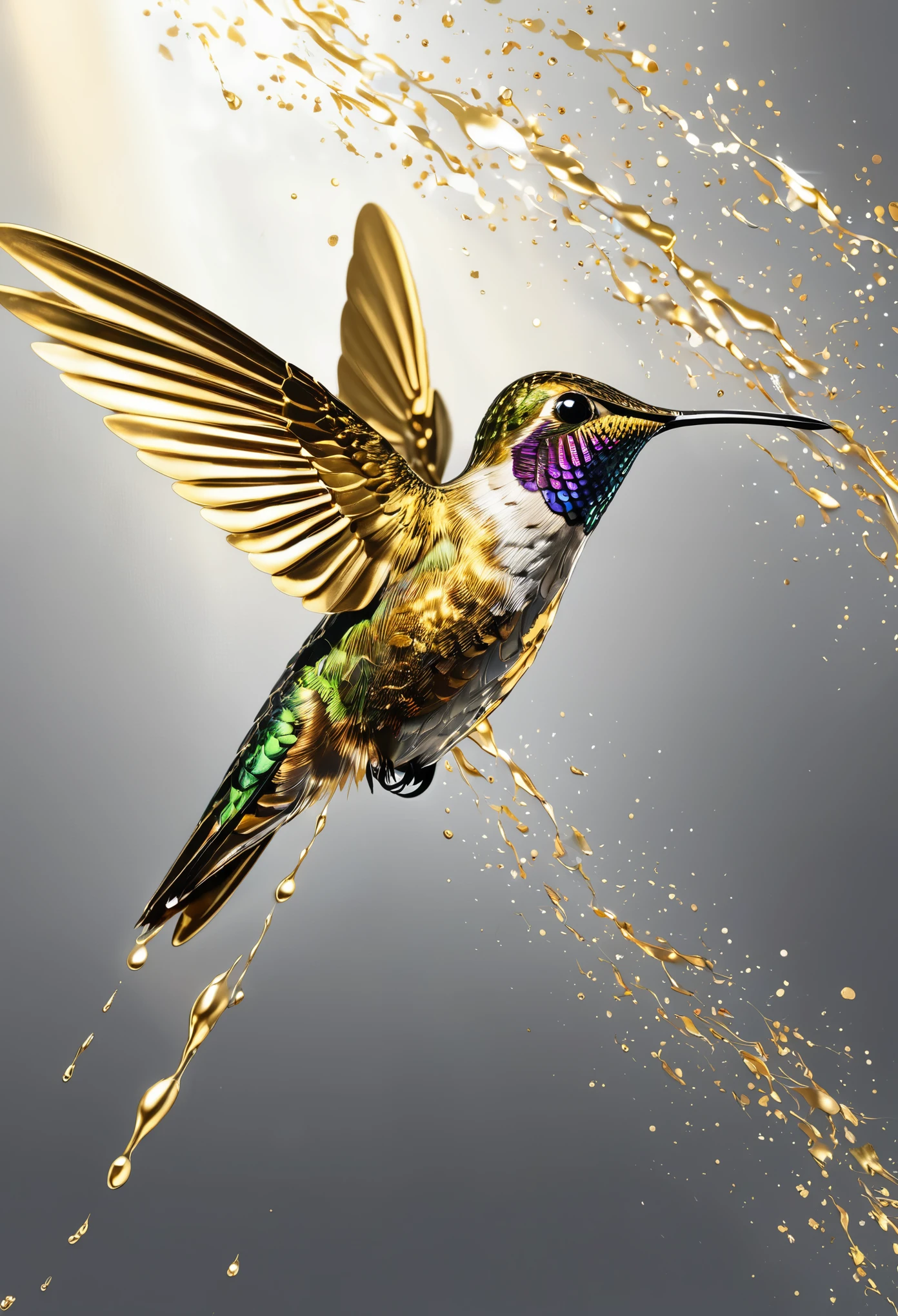 Digital artwork using liquid metal techniques,Depicting a hummingbird in flight,where textures of silver and gold flow and blend,Capture the reflection of sunlight,create a sad feeling。