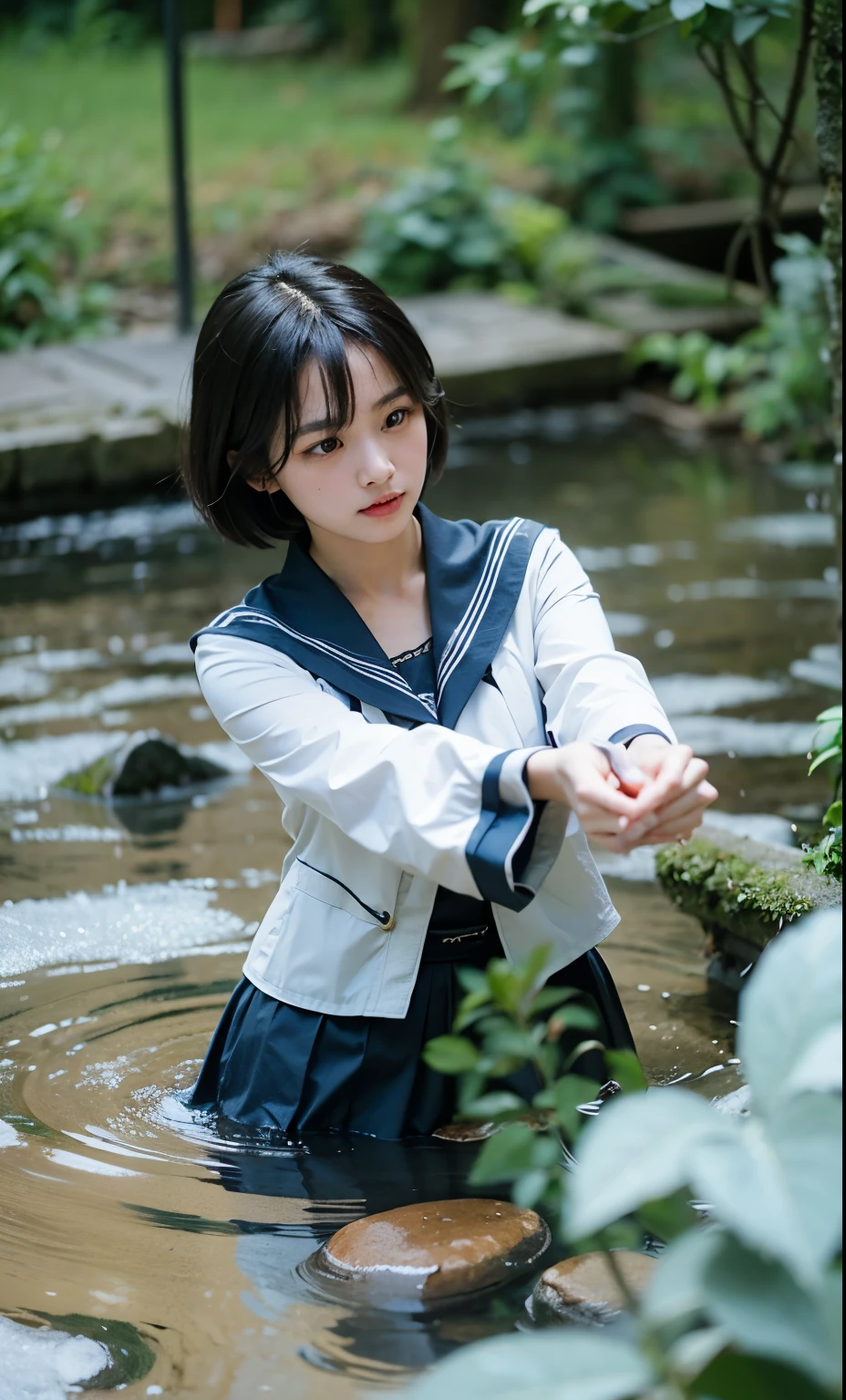 (Best quality, 8k, 32k, Masterpiece, UHD:1.2) "Generate a captivating artwork featuring a young Japanese girl model with short, sleek black hair styled in a chic bob haircut. Envision her bathed in dramatic cinematic lighting, creating an atmosphere of allure and mystery. Emphasize a romantic aesthetic vibe, showcasing the model in a poised and elegant pose that evokes a sense of intimacy and sophistication. Utilize warm and soft tones to enhance the romantic ambiance, and consider incorporating elements like flowing fabrics or flowers to add a touch of ethereal beauty. Capture the essence of romance and beauty through the model's expression, the play of light and shadows, and the overall aesthetic, creating a visually compelling and emotionally resonant piece." (perfect eyes), flawless skin, flawless face, cinematic, tight body, ((well-proportion female hands)), ((female hands with five digits)) ((Body is well proportioned)), ((chic bob haircut)), water, wet
