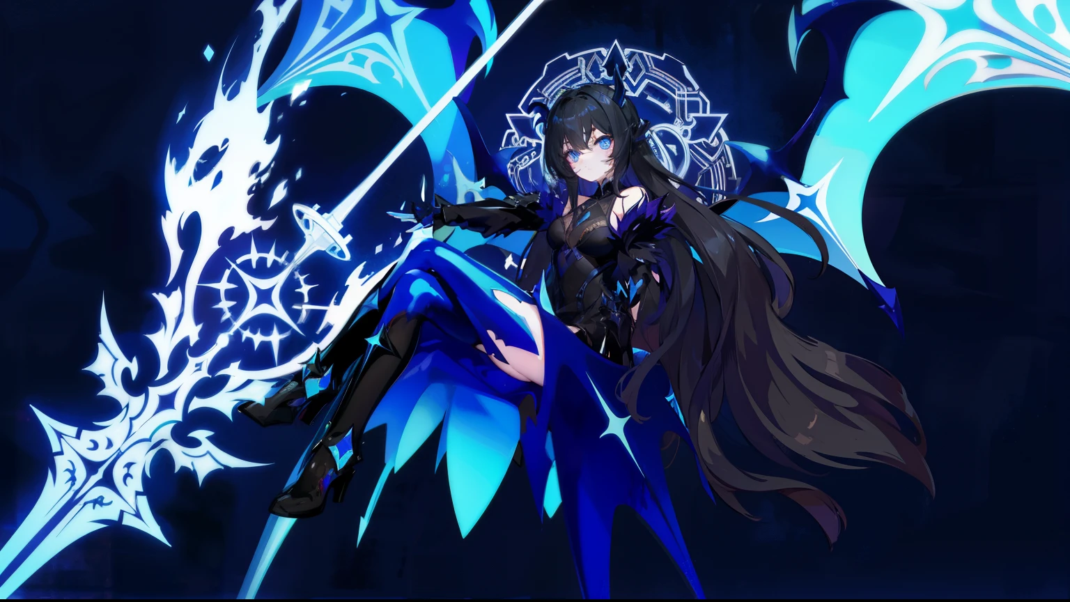 demon girl, wings, halo, black dress, long hair, blue eyes, blood