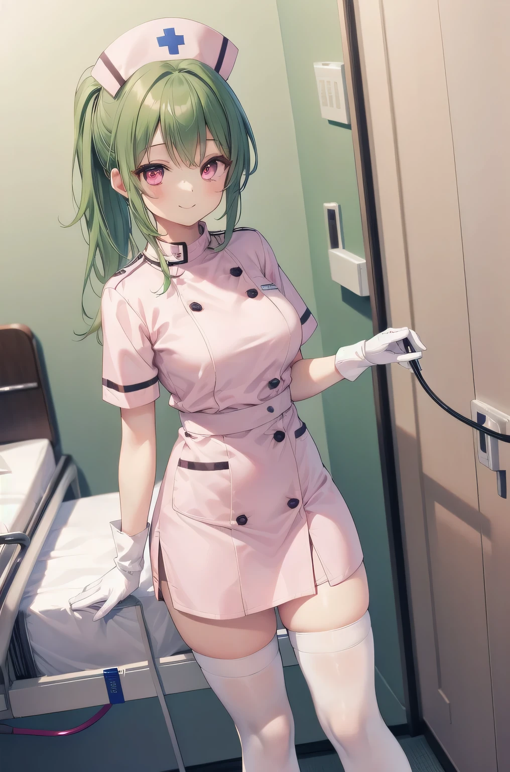 1girl, solo, nurse, nurse cap, white nurse uniform, ((white legwear, zettai ryouiki)), white gloves, ponytail, green hair, pink eyes, smile, standing, ((hospital room)), sharp outline, short sleeves, best quality, masterpiece