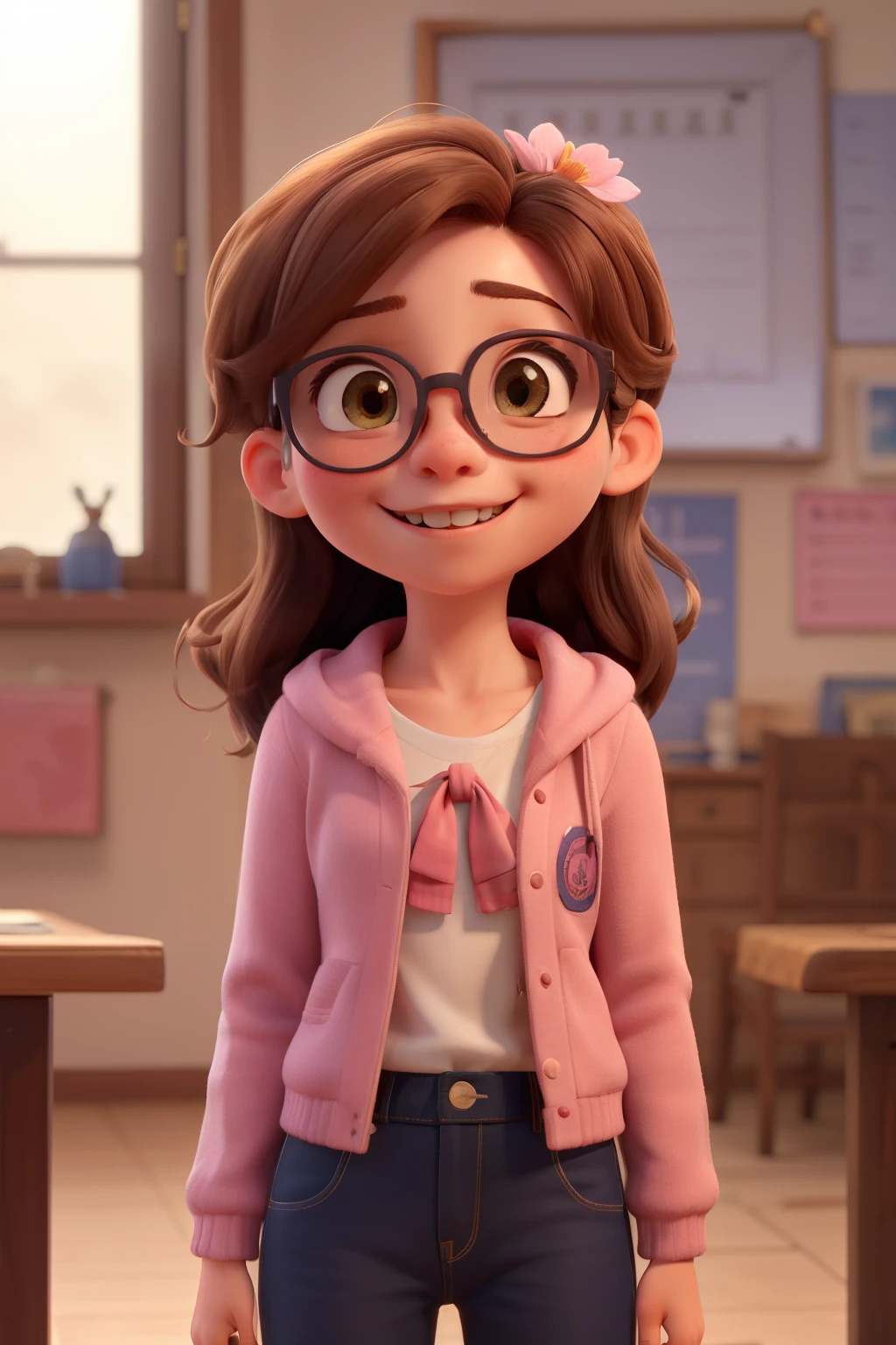 ((Mejor calidad)), ((Obra maestra)), (detallado), cara perfecta, young girl with glasses, cabello rubio y largo, piel blanca y muy sonriente, con una chaqueta escolar de color rojo y capota, a bow in your hair that looks like a pink flower