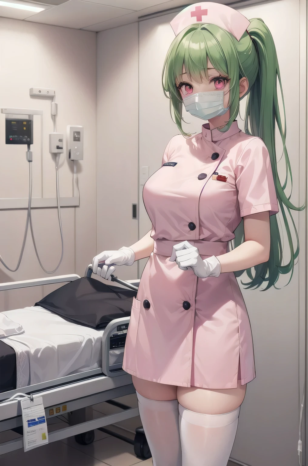 1girl, solo, nurse, nurse cap, white nurse uniform, ((white legwear, zettai ryouiki)), white gloves, ponytail, green hair, pink eyes, ((white surgical mask, covered nose)), standing, ((hospital room)), sharp outline, short sleeves, best quality, masterpiece