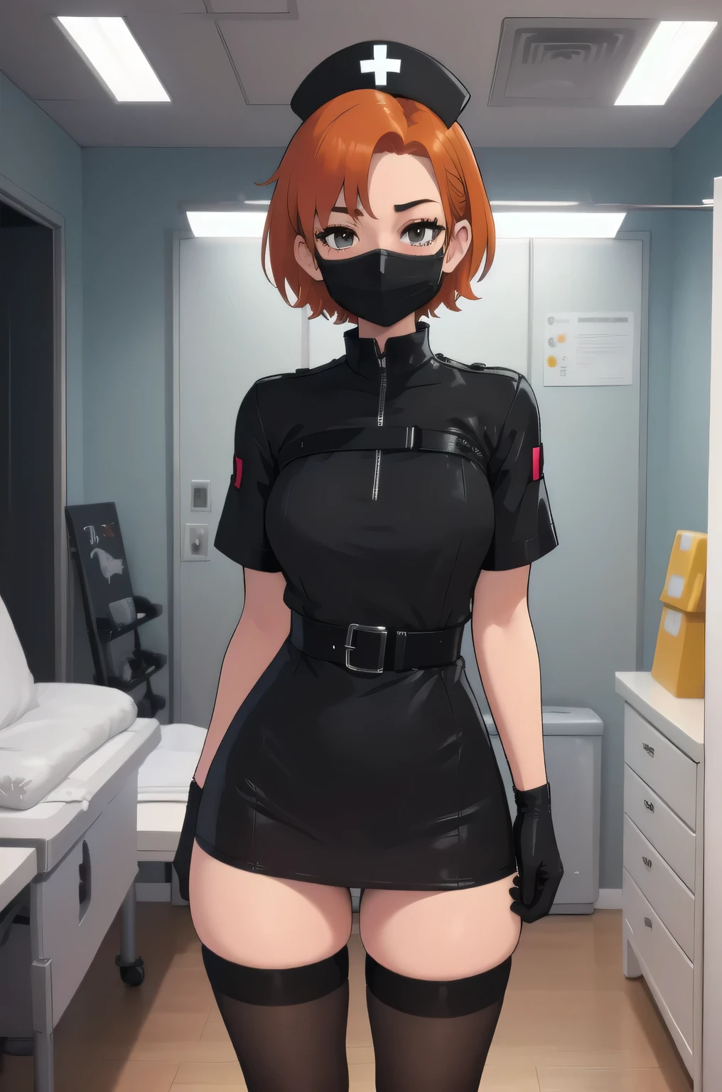 black nurse, 1girl, solo, black nurse cap, black nurse uniform, ((black legwear, zettai ryouiki)), black elbow gloves, very short hair, orange hair, ((black surgical mask, covered nose)), standing, ((surgery room)), sharp outline, short sleeves, tomboy, boyish, best quality, masterpiece