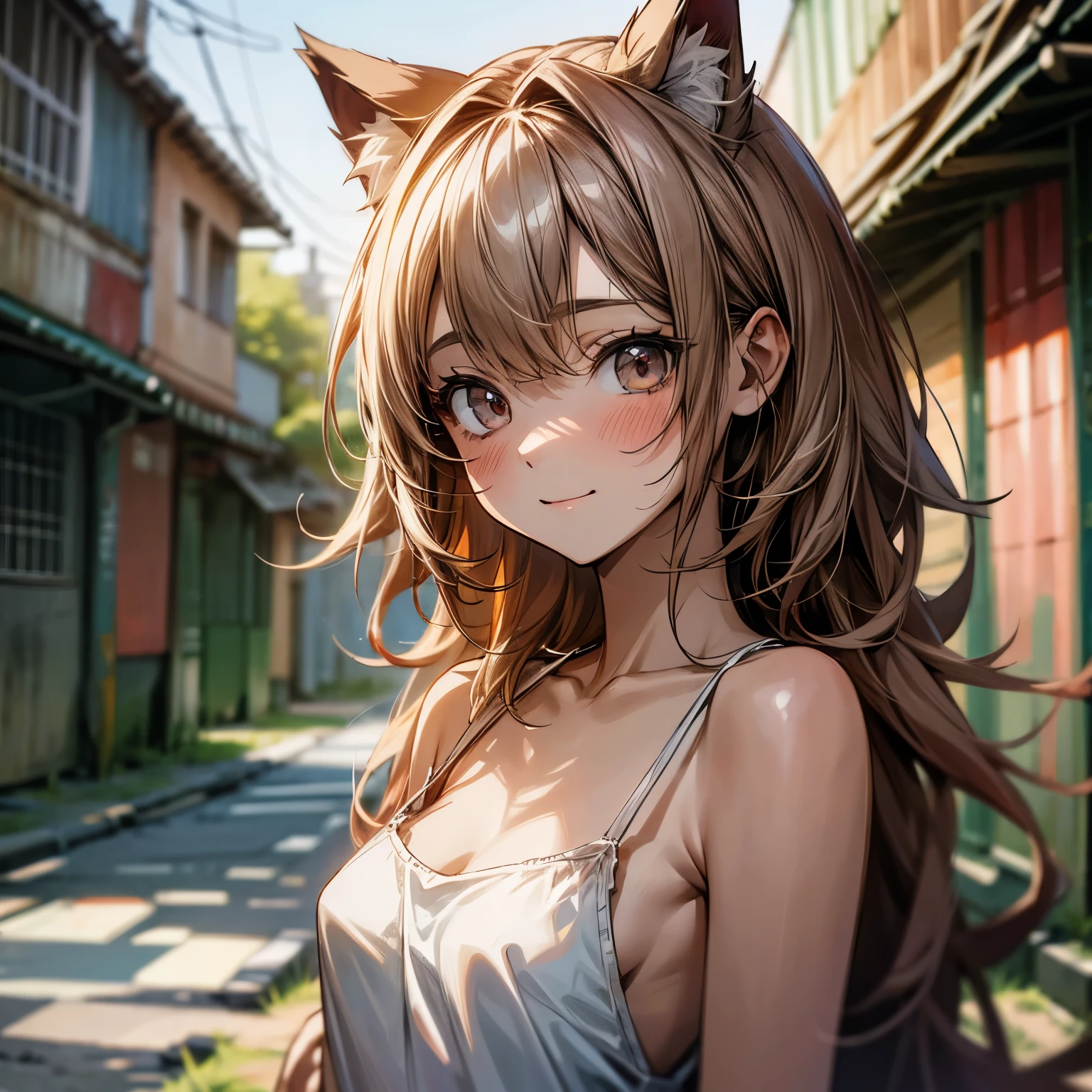 ((Masterpiece)), (Anime:1.3), ((best quality)), (RAW photo: 1.2), (High Definition:1.3), (Professional Photography:1.2), (),1girl, 8K, cinematic lighting, very messy hair,(portrait, narrow lane, sunset), (exposed breast, tattered and torn dirty oversized white-camisole, Slender small breasts,big cute smile), slum townscape, Textured skin, cat ears, pale brown hair, Cute Beautiful girl