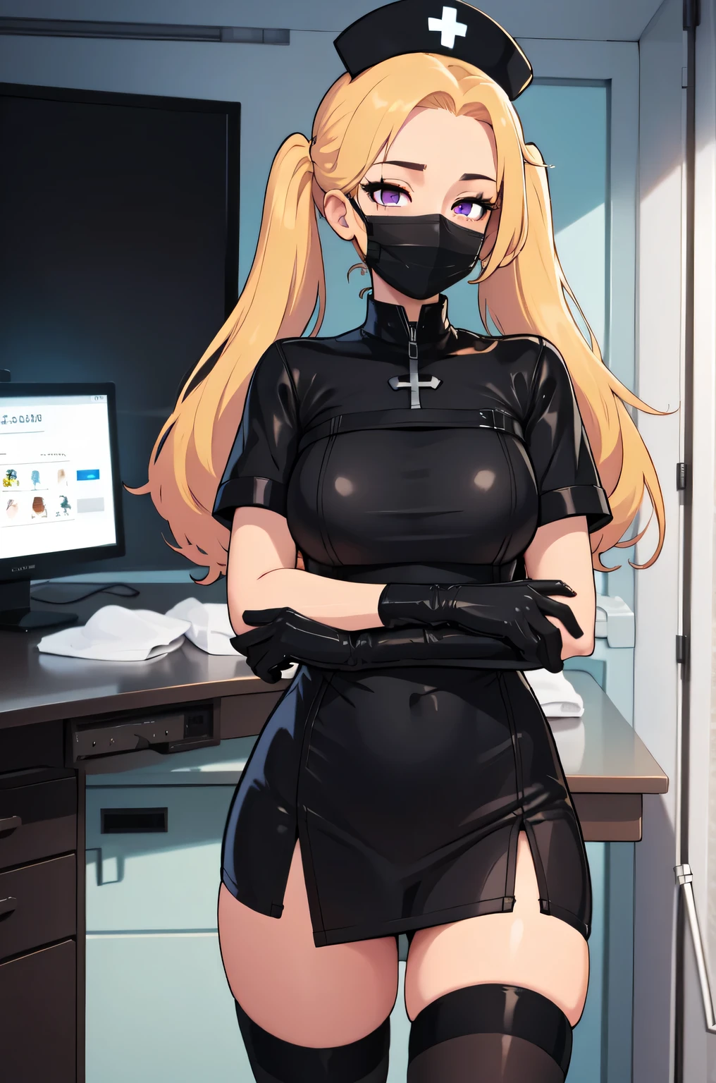 black nurse, 1girl, solo, black nurse cap, black nurse uniform, ((black legwear, zettai ryouiki)), black elbow gloves, twintails, yellow hair, purple eyes, ((black surgical mask, covered nose)), standing, ((surgery room)), sharp outline, short sleeves, best quality, masterpiece