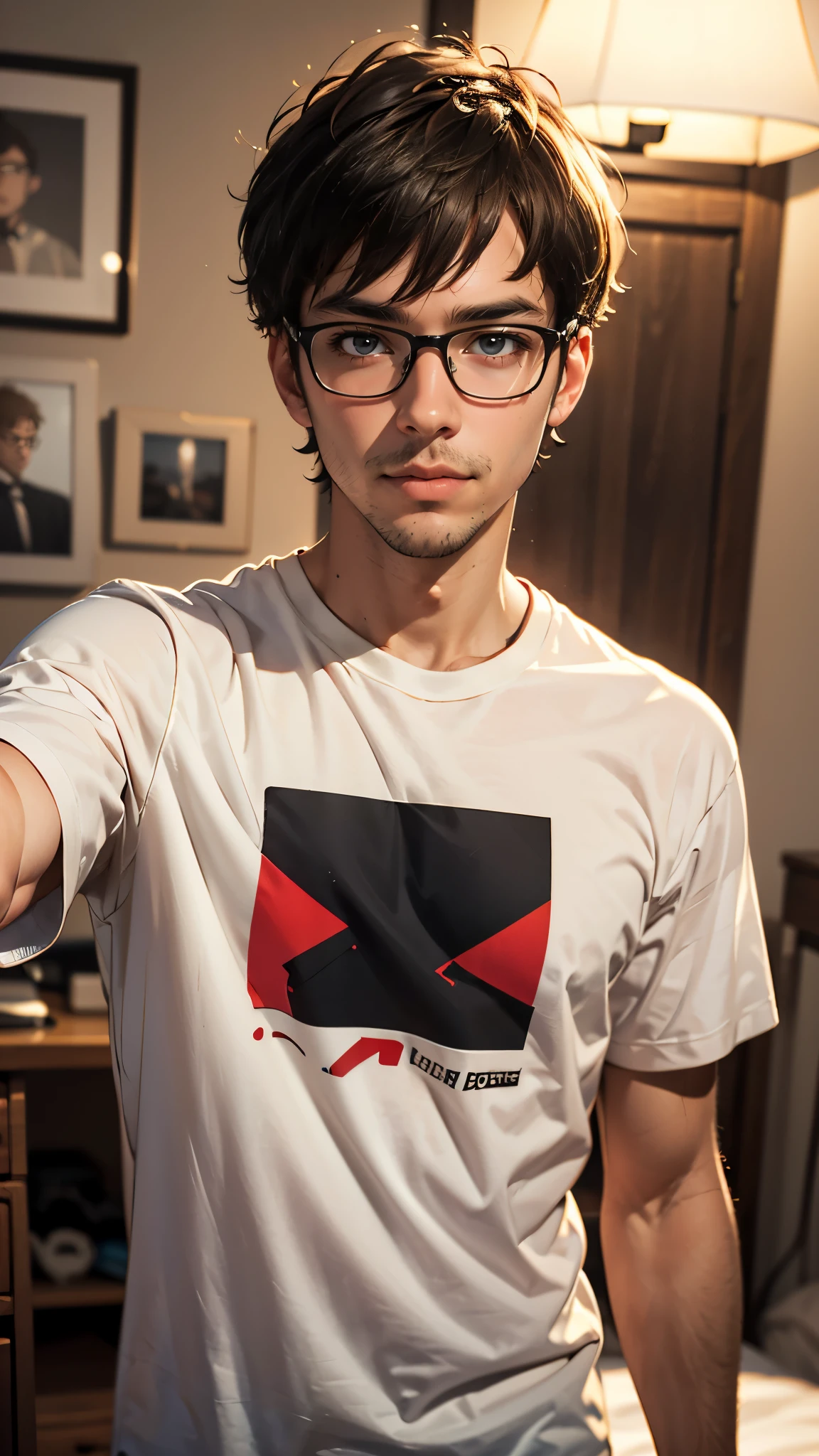 ((HD photo)), masterpiece, best quality, Hyper realistic, hires:1.4, 8k, portrait, headshot, man / Damon alarm/ 30 years old, looking at camera, standing, skinny, underweight, short curly hair, acne, nerd glasses, band t shirt, greasy, dark bedroom, poorly lit, incel, anime nerd, neckbeard, geek, dork, pathetic ,