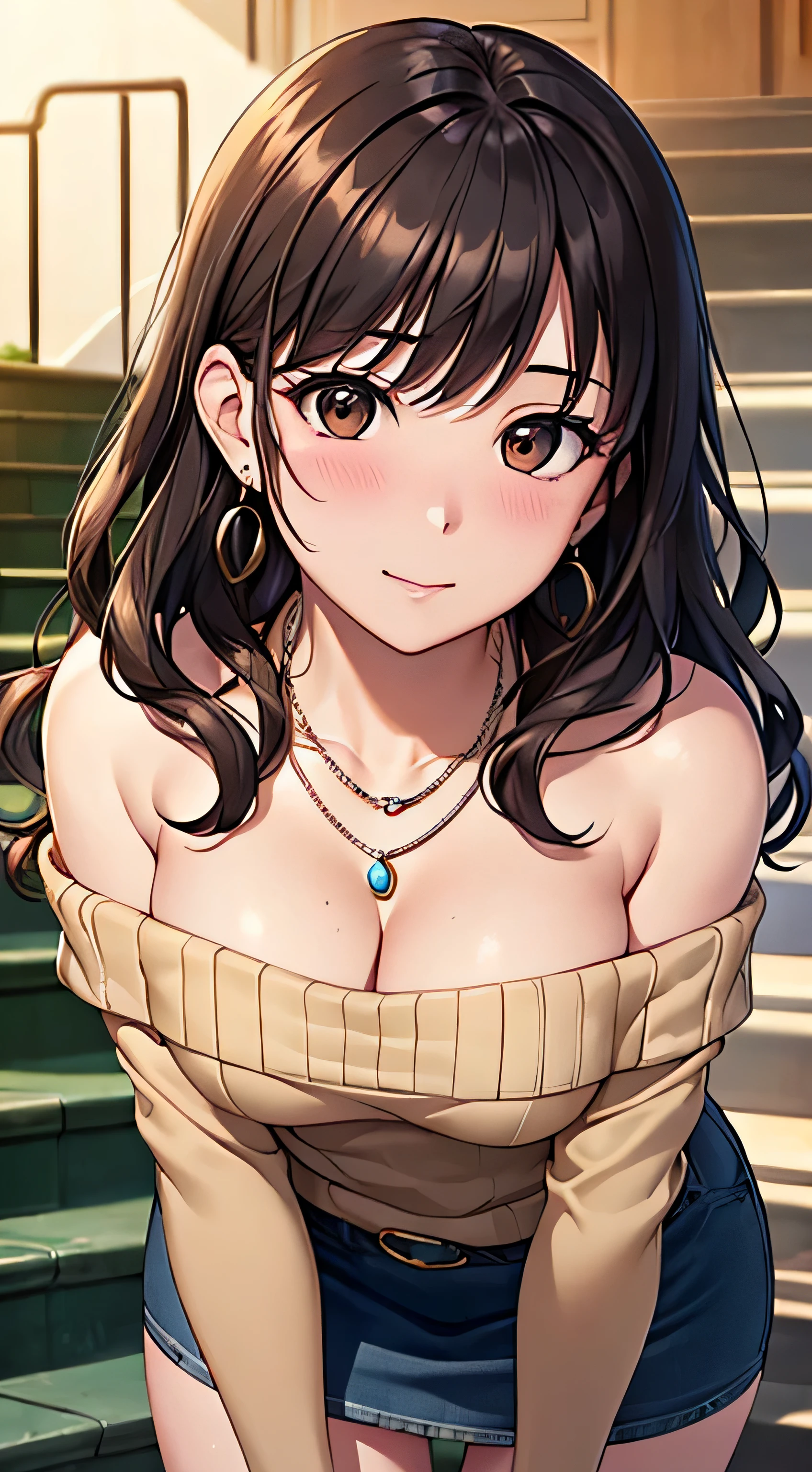 (table top, highest quality, High resolution, , perfect pixel, 4k,), 1 girl, single, alone, Beautiful woman、I could see the whole body、 ((wavy middle hair, bangs, brown hair)), ((brown eyes, beautiful eyelashes, realistic eyes)), ((detailed face, blush:1.2)), ((smooth texture:0.75, realistic texture:0.65, realistic:1.1, Anime CG style)), medium breasts, dynamic angle, perfect body, ((, beige off shoulder sweater、tight denim skirt、black stockings、cute necklace、earrings、)), upper grade、shy smile、university campus、Slouching on the stairs、Pose covering the buttocks with both hands、look back、Gravure Idol Sexy Pose、、Bring your arms together to emphasize your chest、、pink lace panties are visible、