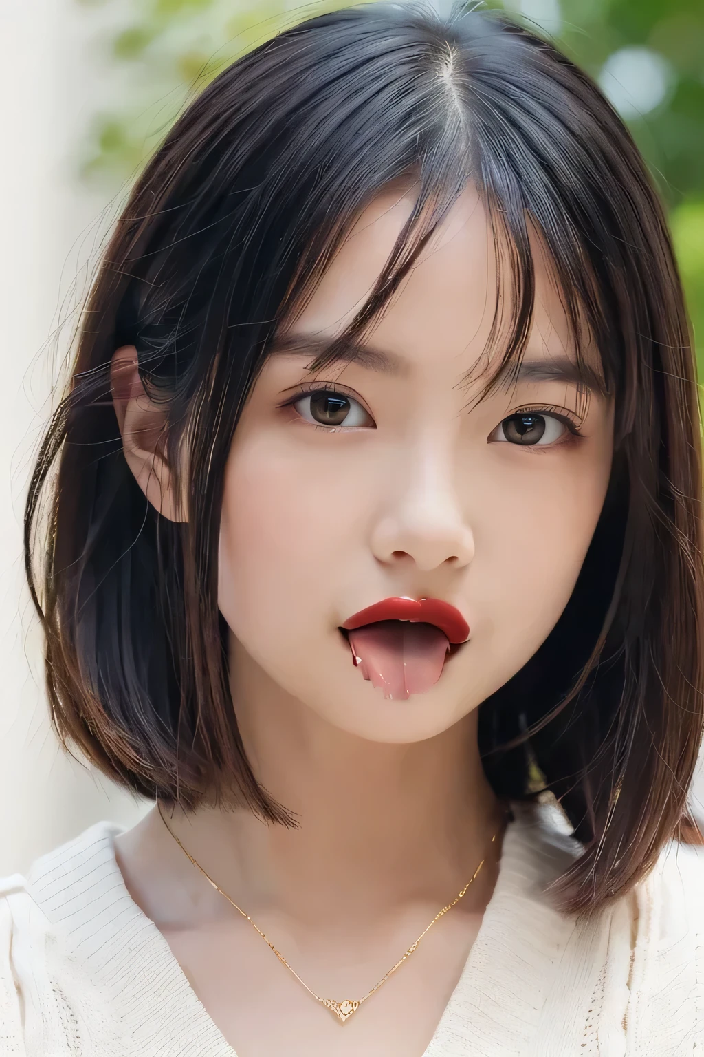 Sticking out pink wet tongue、Glossy red lip gloss