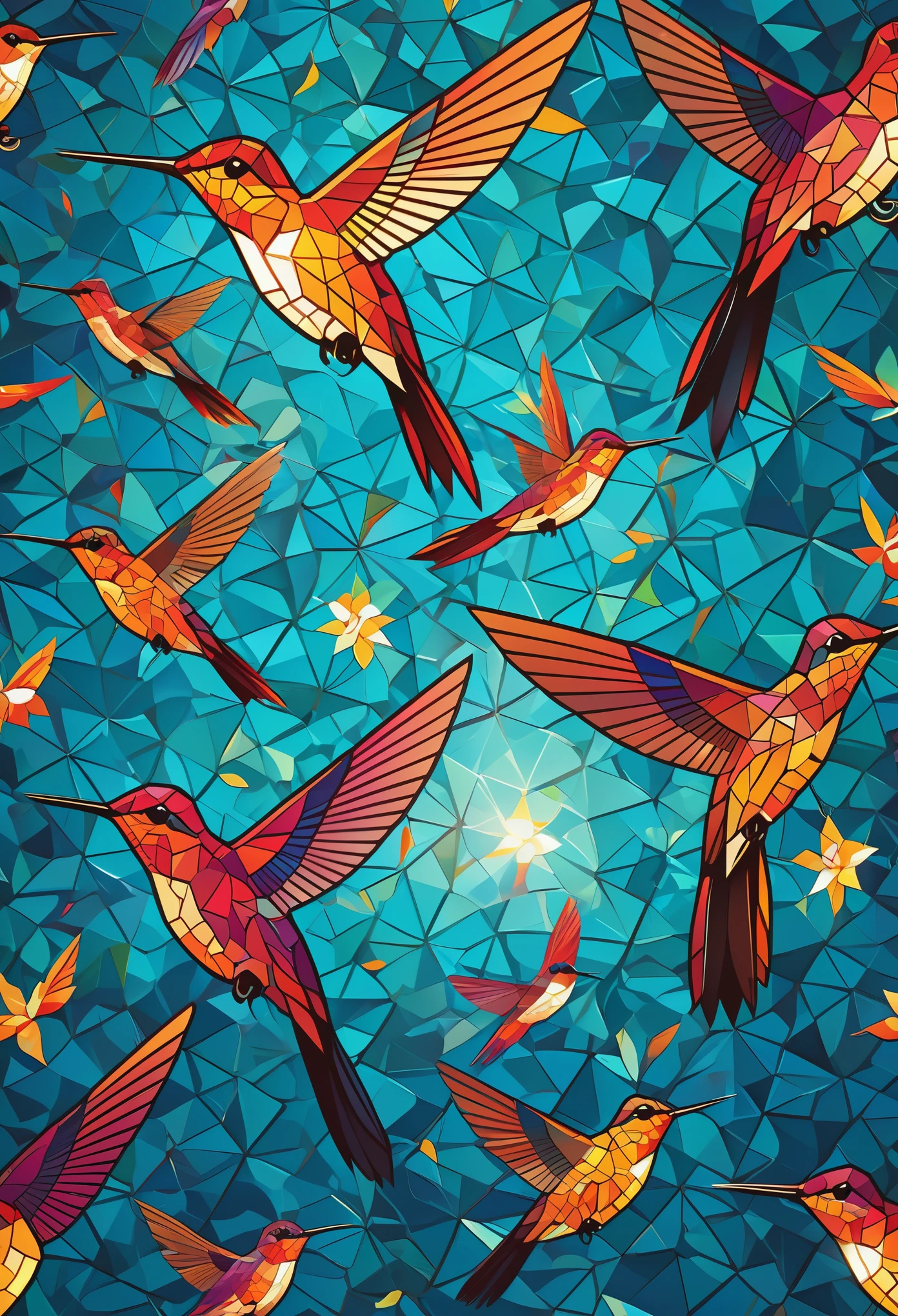 vector design,Focus on hummingbirds,Use bright geometric patterns,illuminated by sunlight,Create a glorious mosaic pattern。