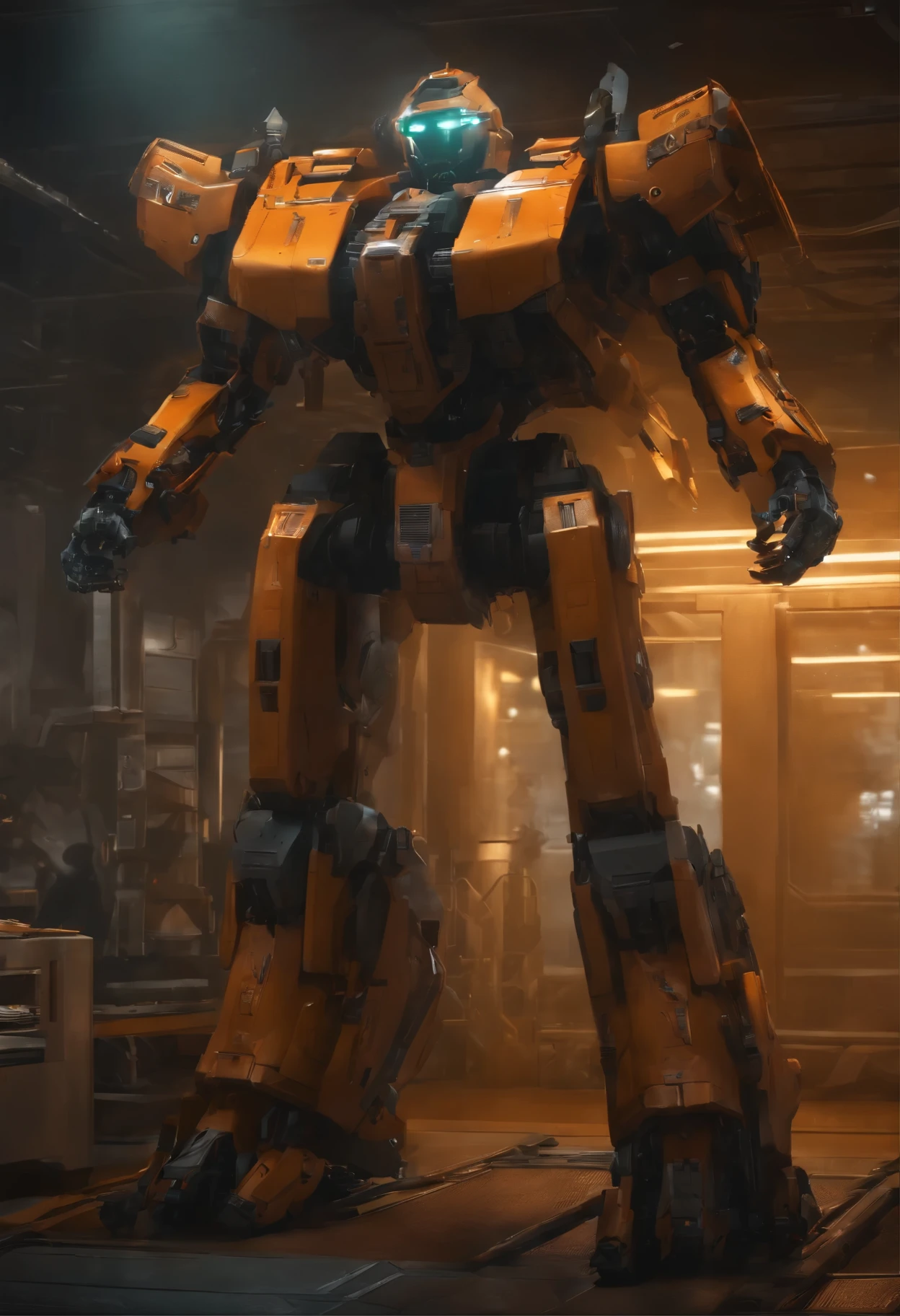 mecha_museu, 1 garota, longo_cabelo, Science_fiction, arma, espada, containment_espada, laranja_olhos, Sozinho, harness, containment_arma, mecha, Standing