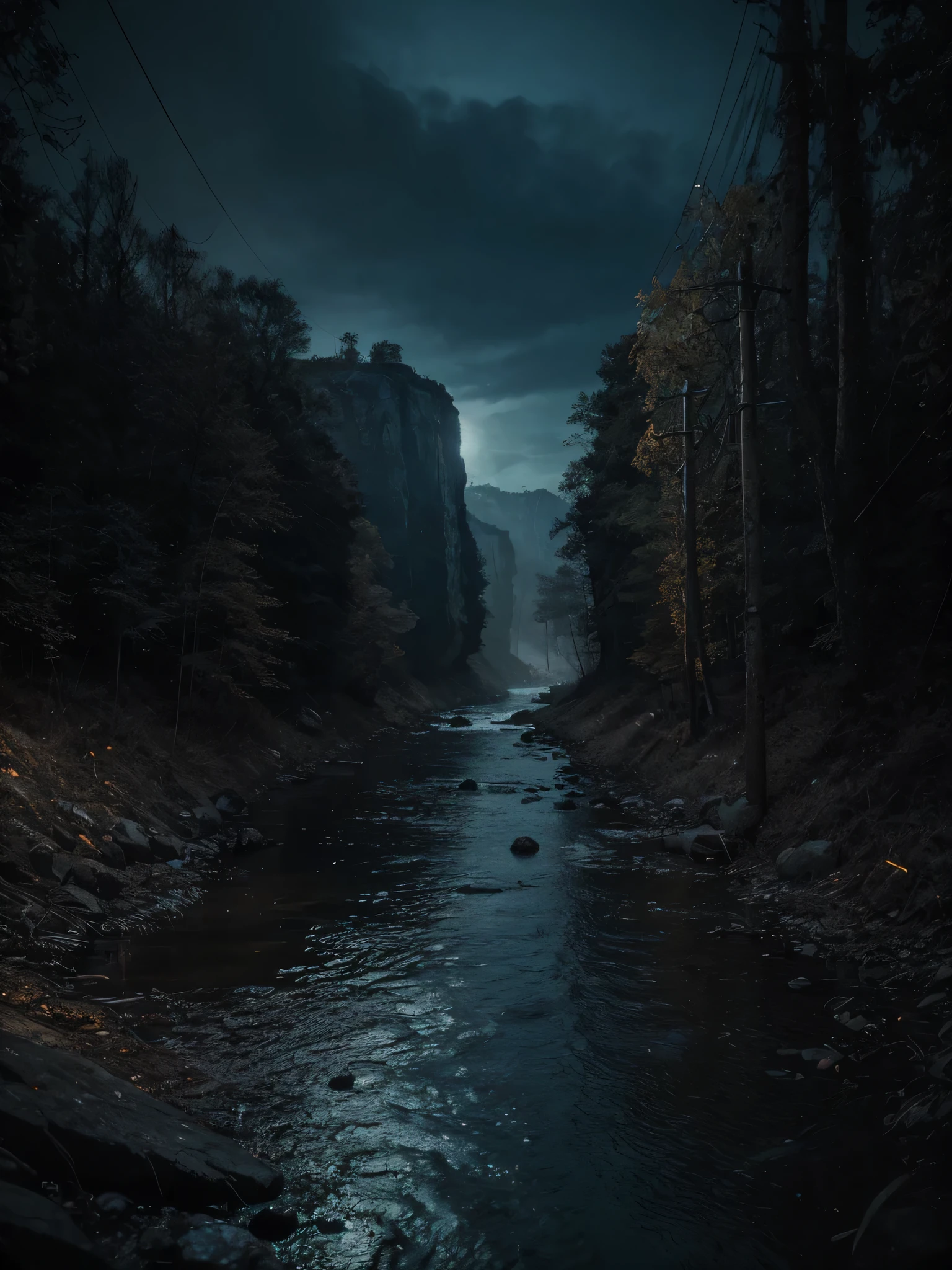 dark valley, dark colored look, dark color theme, river flows, Digital Art, Cinematic, Night Vision, Dark, Dark Mode, 5D, 32k, Super-Resolution, Cinematic Lighting, Diffraction Grading, insanely detailed and intricate, hypermaximalist, elegant, ornate, hyper realistic, super detailed