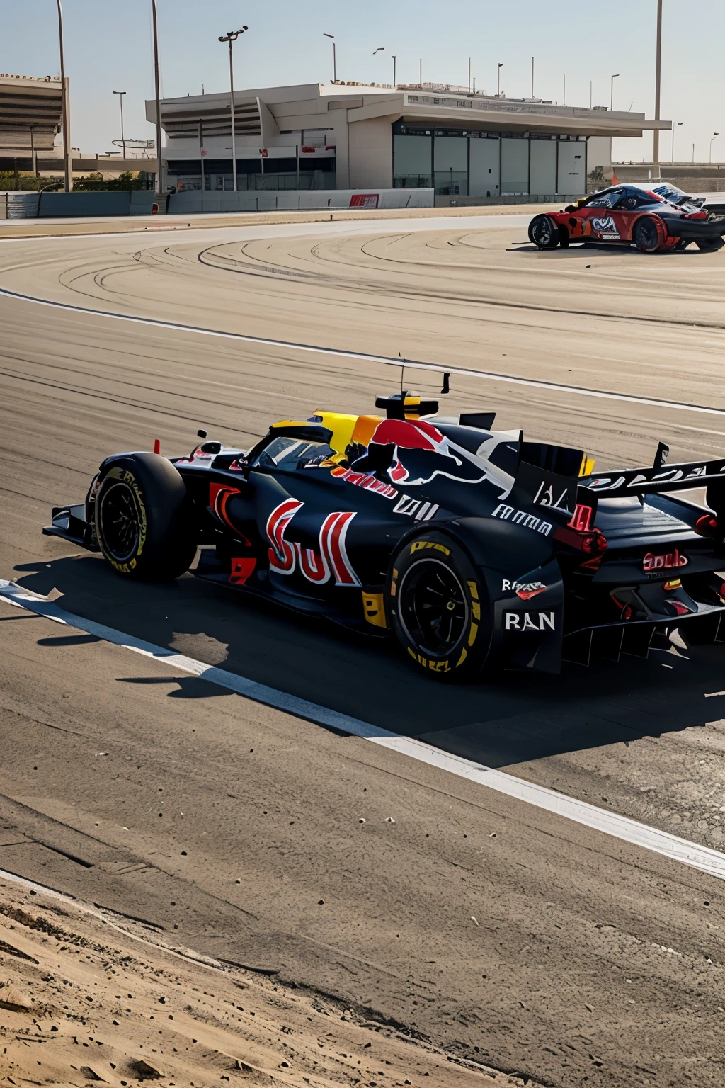 dibuja Bahrain International Circuit con el edificio y un monoplaza red bull