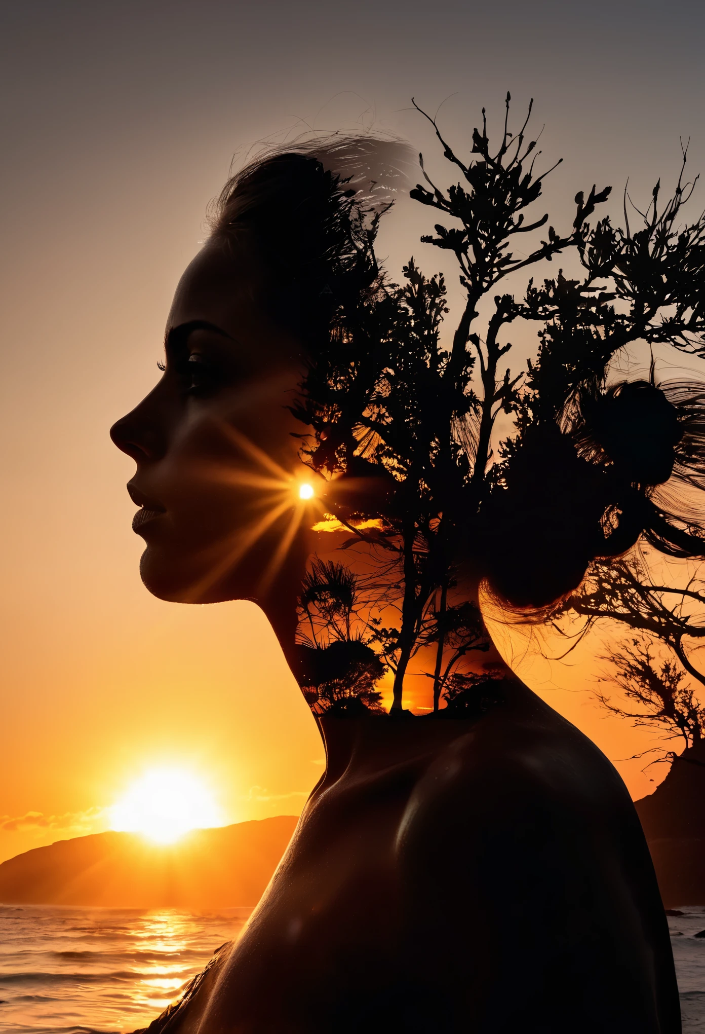 high quality, 8K Ultra HD, A beautiful double exposure that combines an goddess silhouette with sunset coast, sunset coast should serve as the underlying backdrop, with its details incorporated into the goddess , crisp lines, The background is monochrome, sharp focus, double exposure, awesome full color