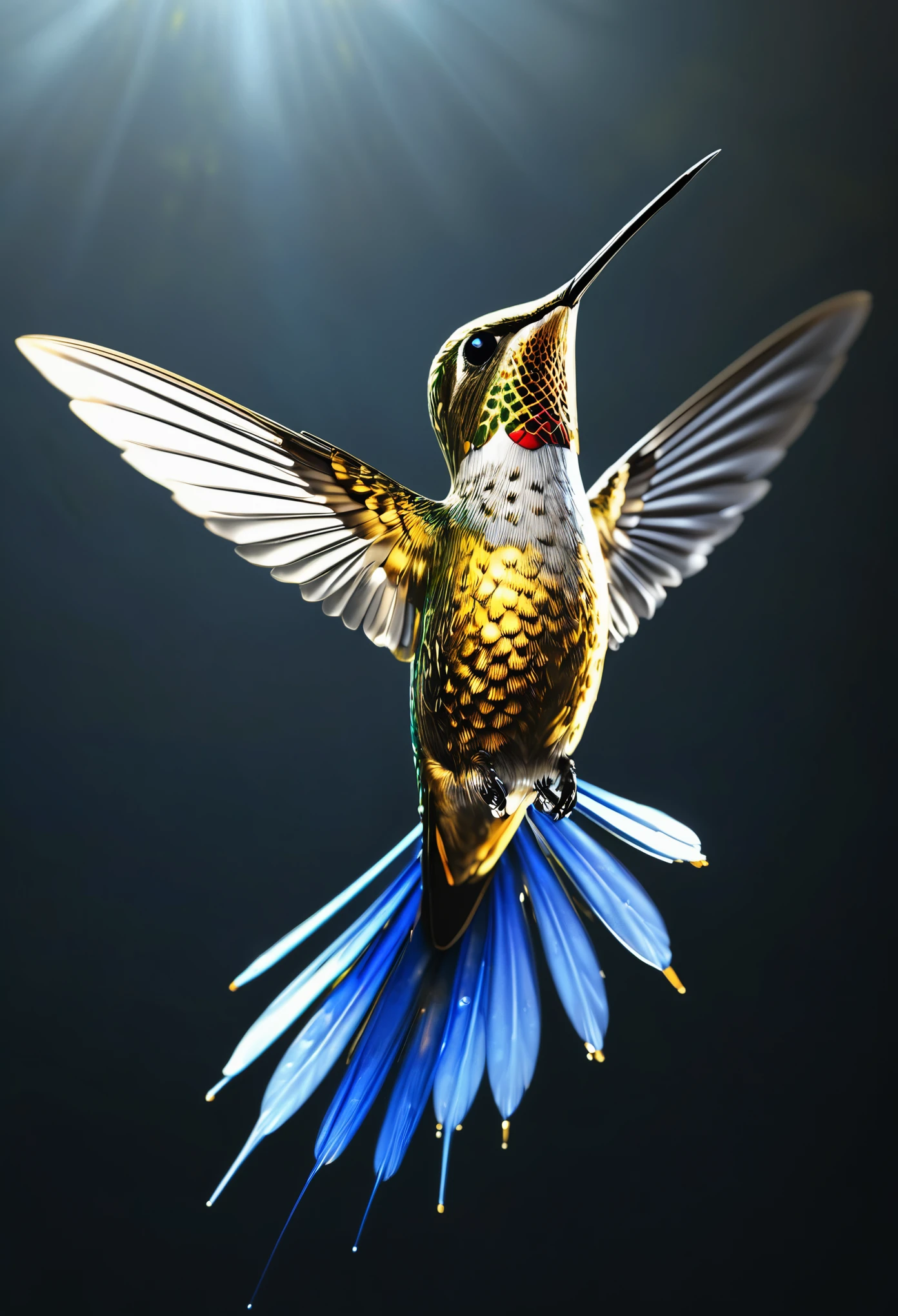 Design a sculpture for the square，Inspired by hummingbirds，Use marble，Show flying attitude